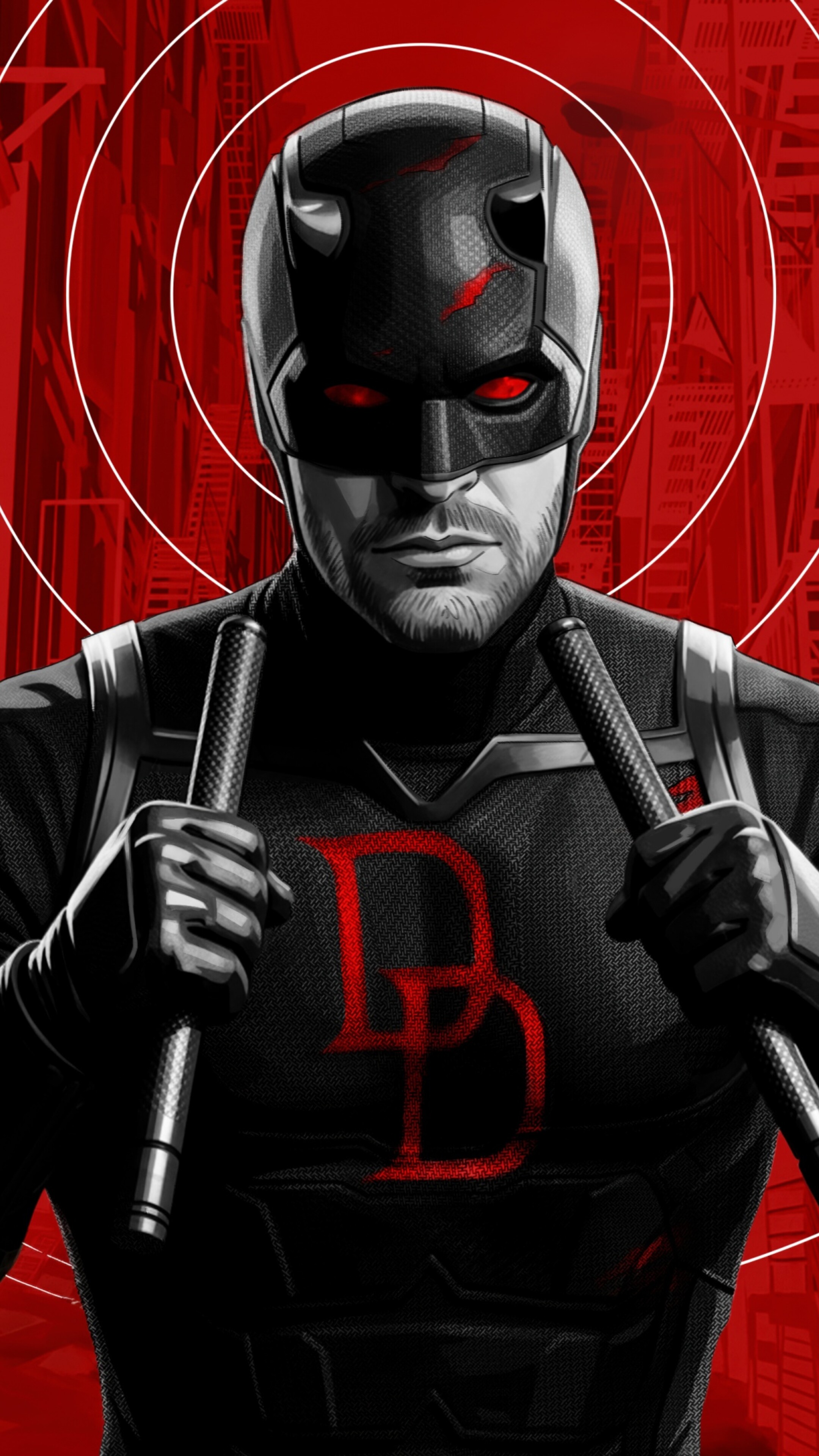 Daredevil wearing a black suit against a vibrant red background, inspired by Daredevil: Born Again.