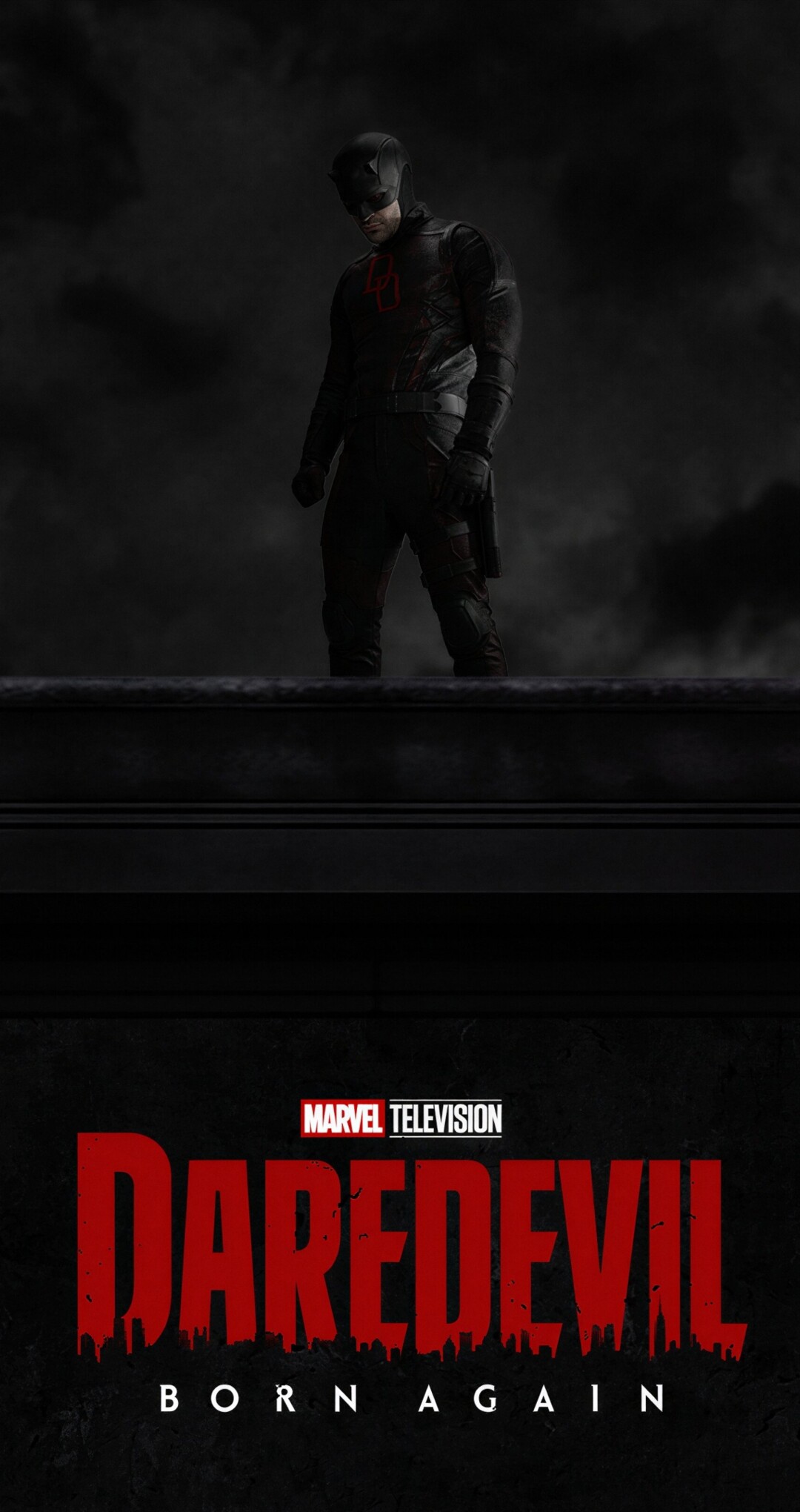 A cinematic shot of Matt Murdock as Daredevil against a dark, moody background from the series Daredevil: Born Again.