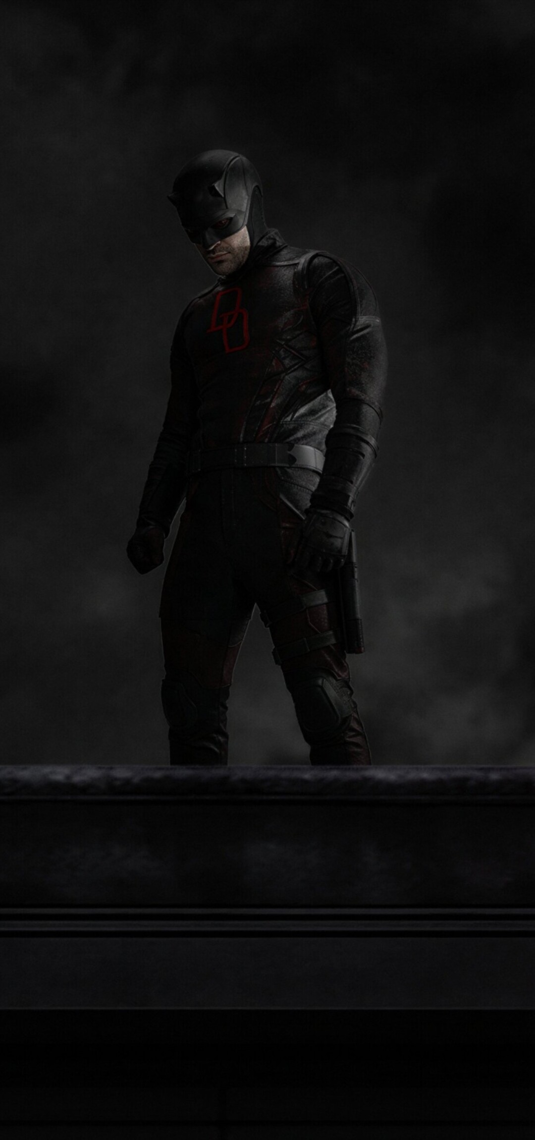A cinematic close-up of Daredevil (Matt Murdock) from the series Daredevil: Born Again against a dark, atmospheric background.