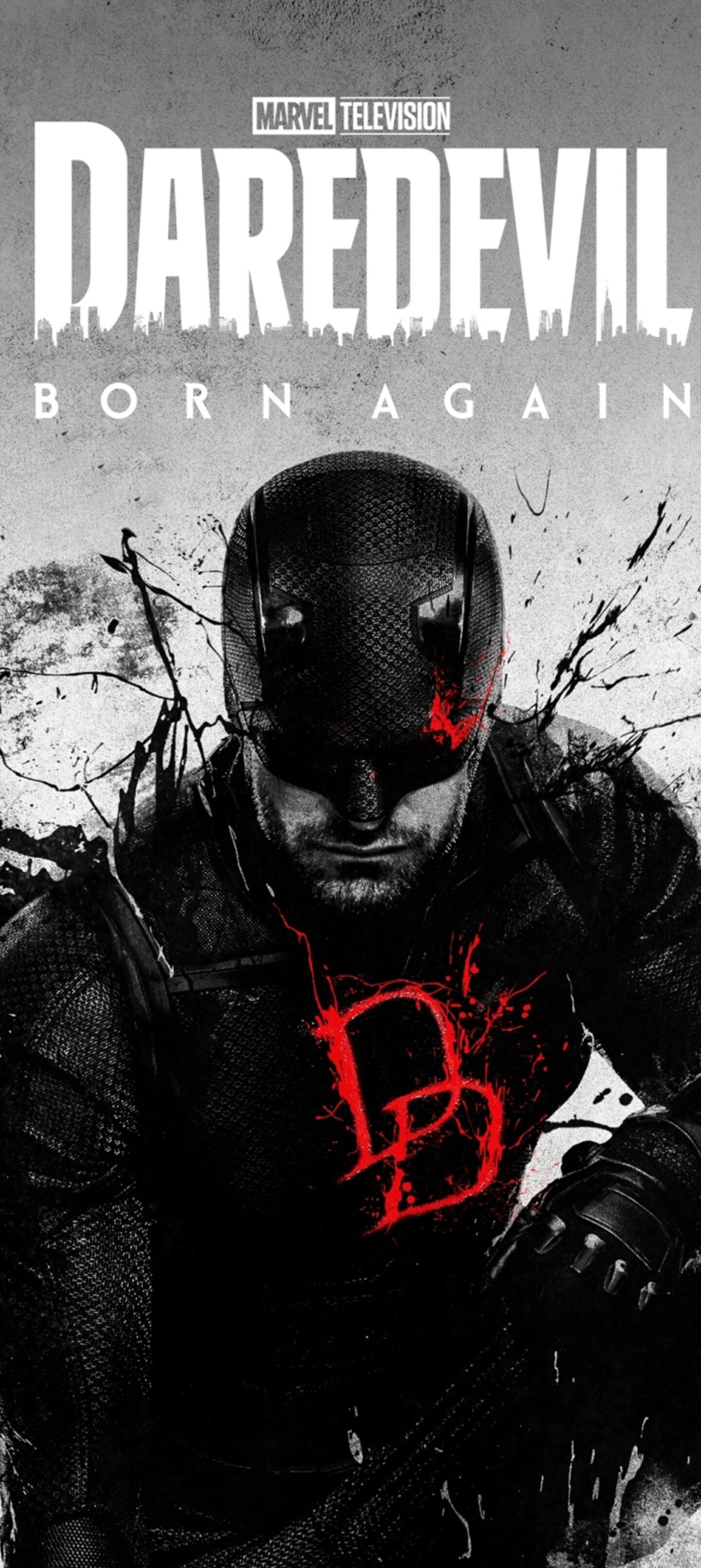 A cinematic close-up of the superhero Daredevil in his iconic suit from Marvel's Daredevil: Born Again.