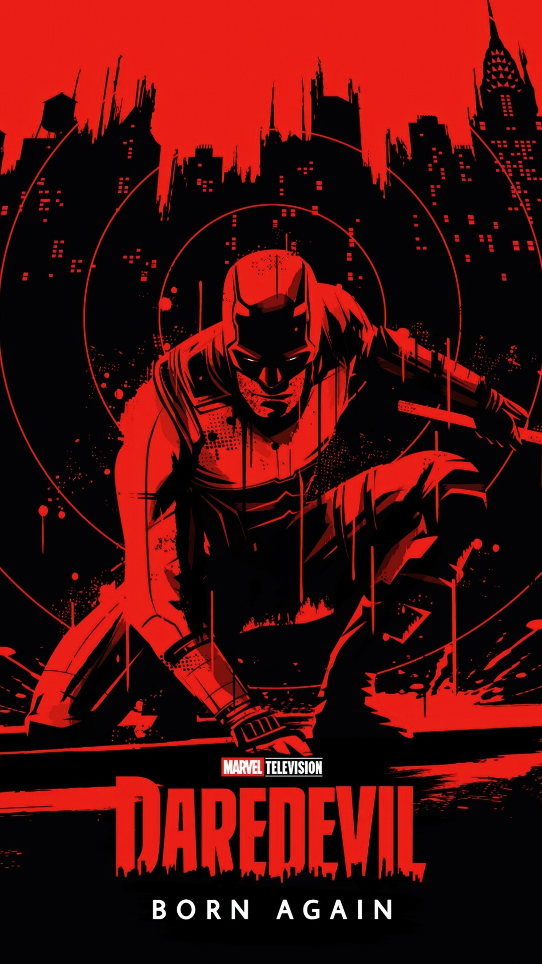 A red and black noir-style illustration of Matt Murdock as Daredevil on a black background.