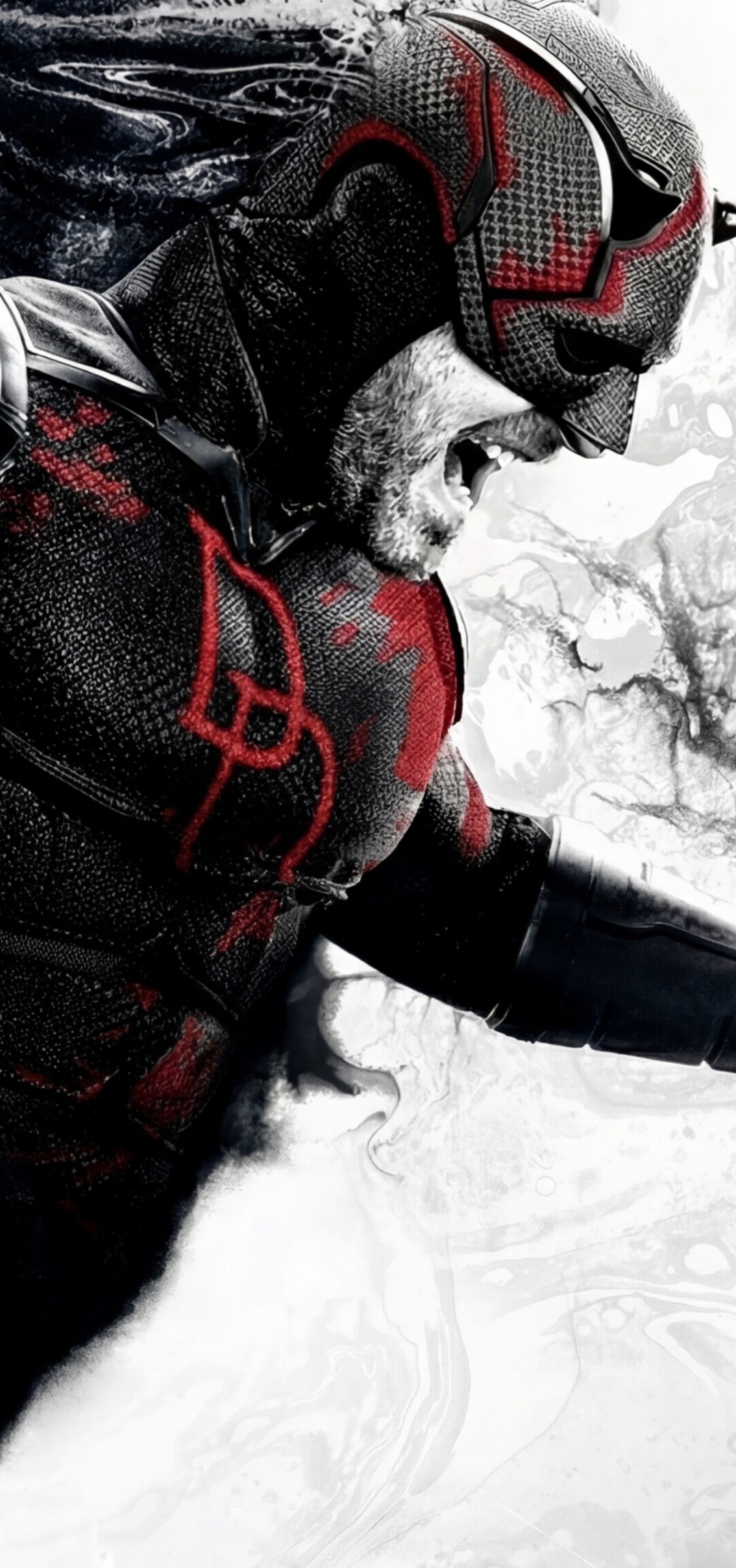 A cinematic close-up of Daredevil from Marvel's Daredevil: Born Again against a dark background.
