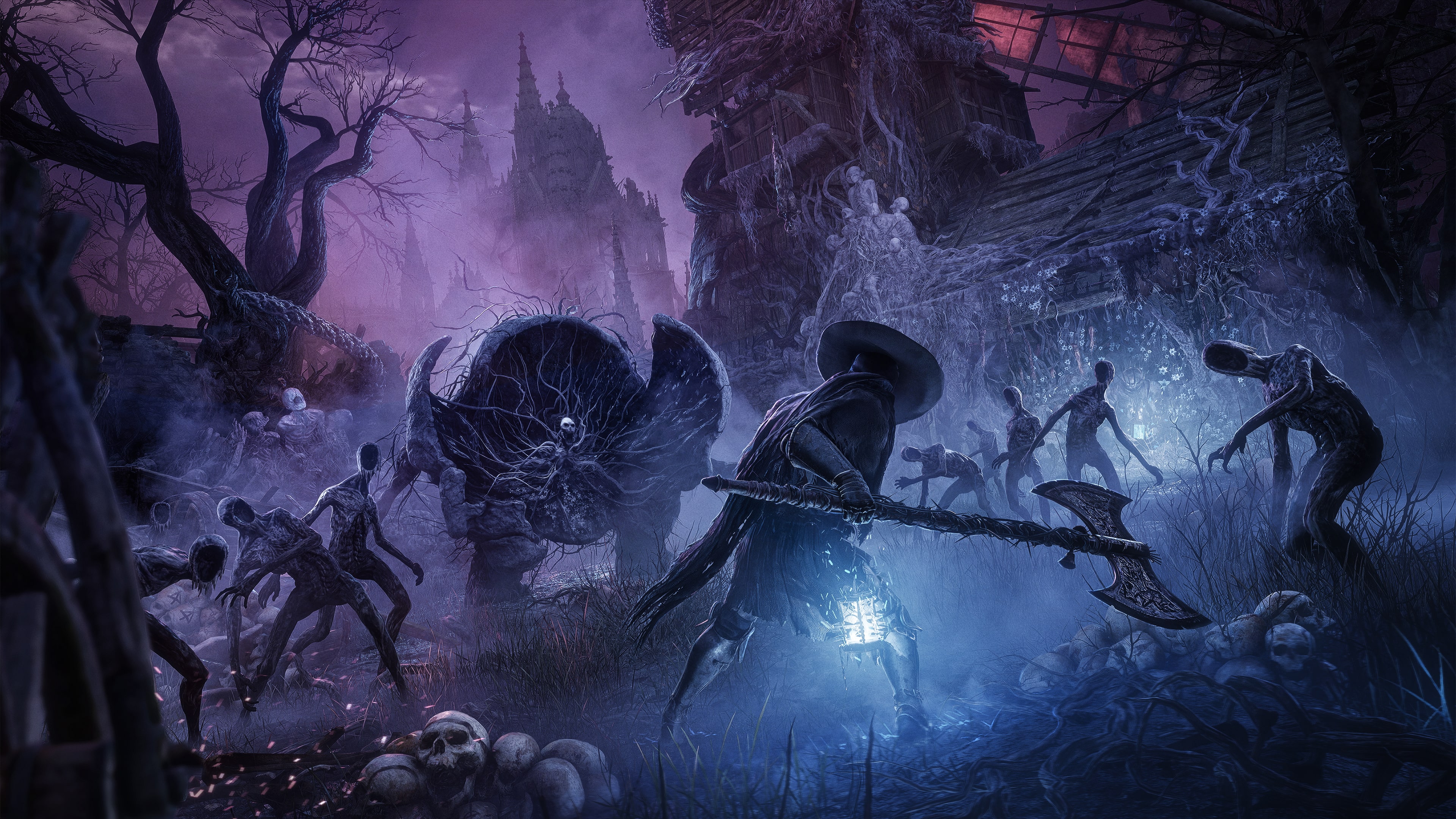 A heavily armored dark fantasy knight standing in a desolate, gothic landscape from the game Lords of the Fallen.