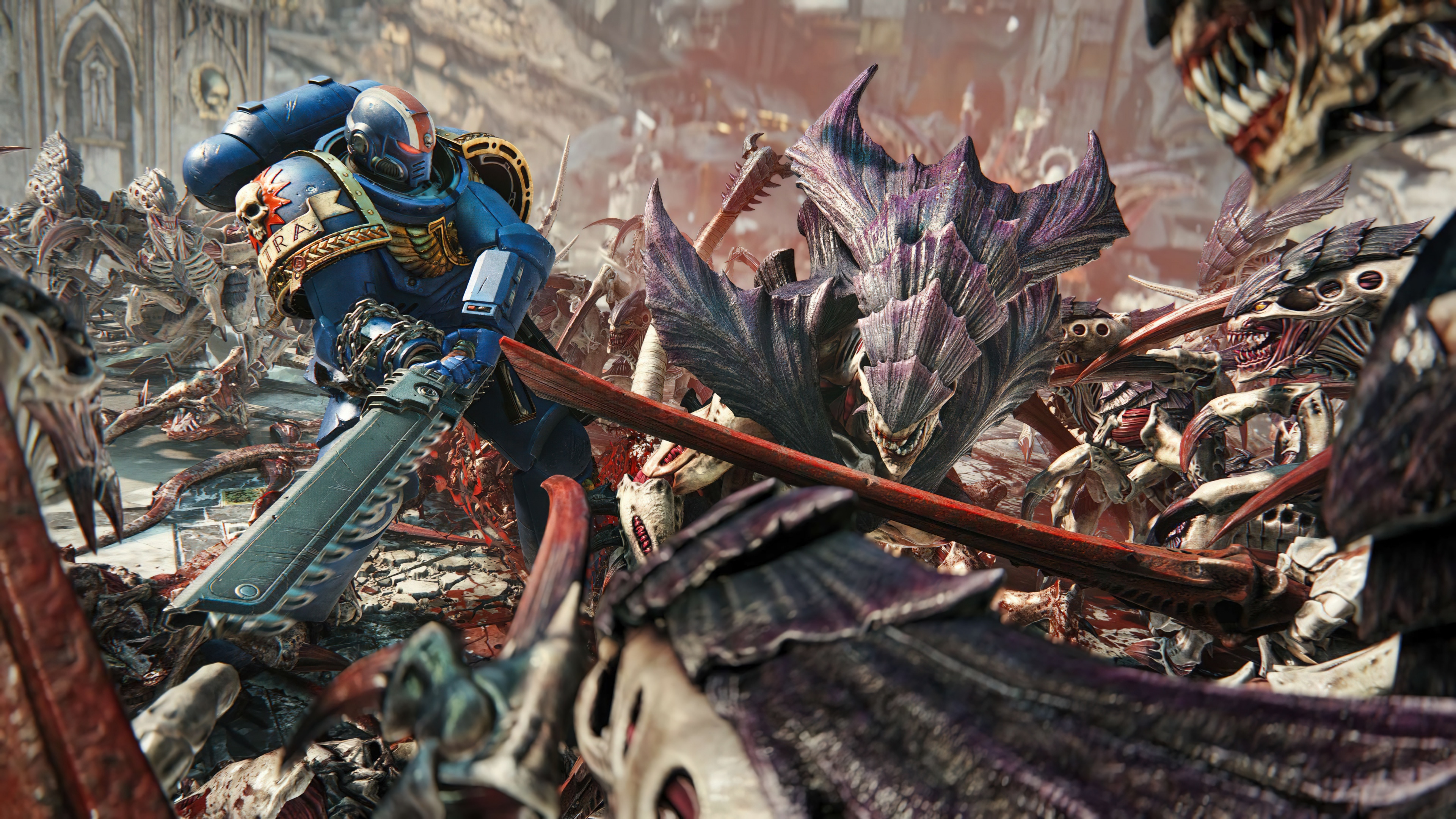 Demetrian Titus from Warhammer 40K Space Marine 2 engaged in an epic battlefield combat scene.