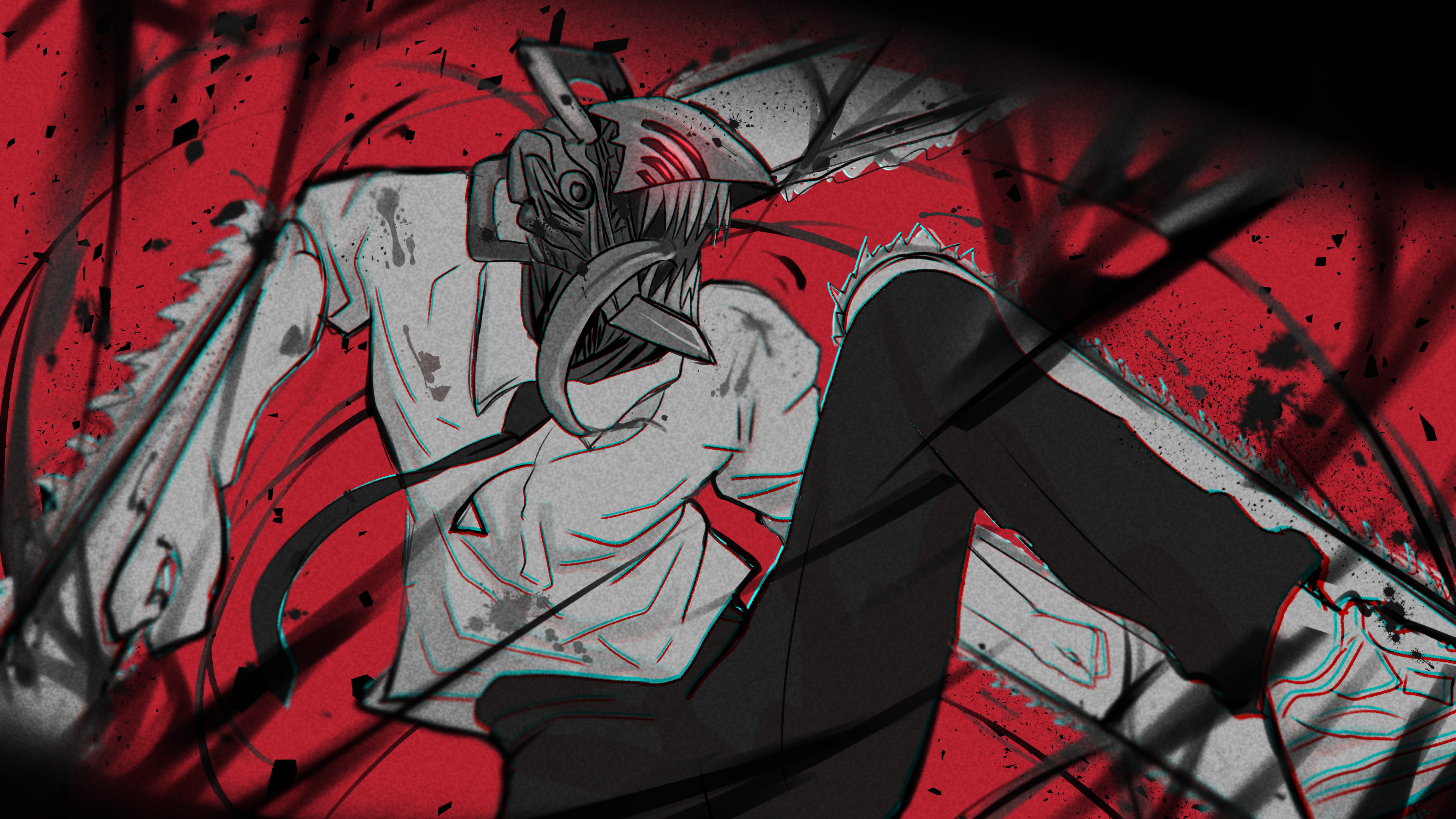 Detailed illustration of Denji from Chainsaw Man in his transformed state with mechanical saws protruding from his head and arms.