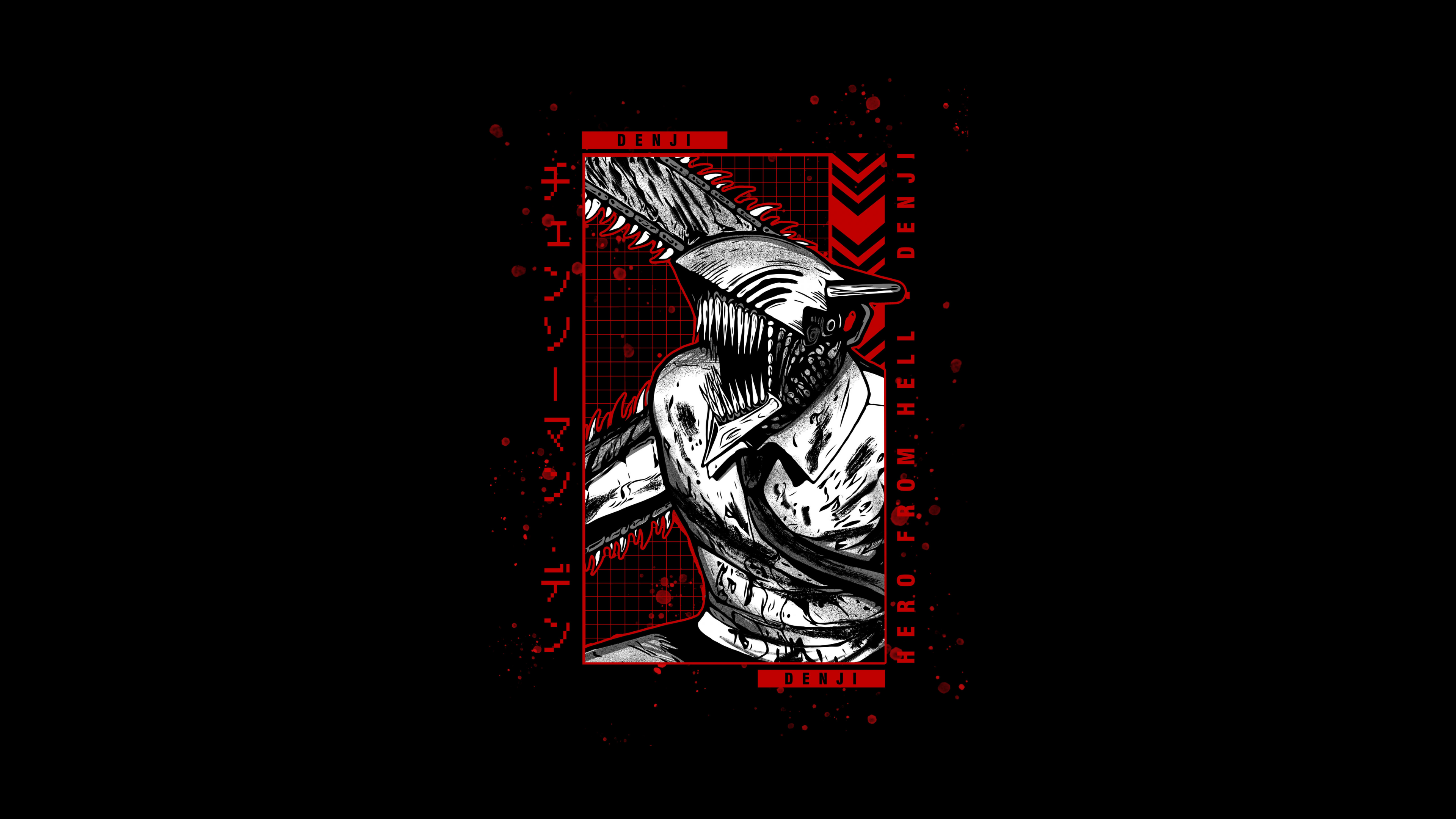 A high-contrast, dark-themed portrait of Denji from Chainsaw Man against a black AMOLED background.