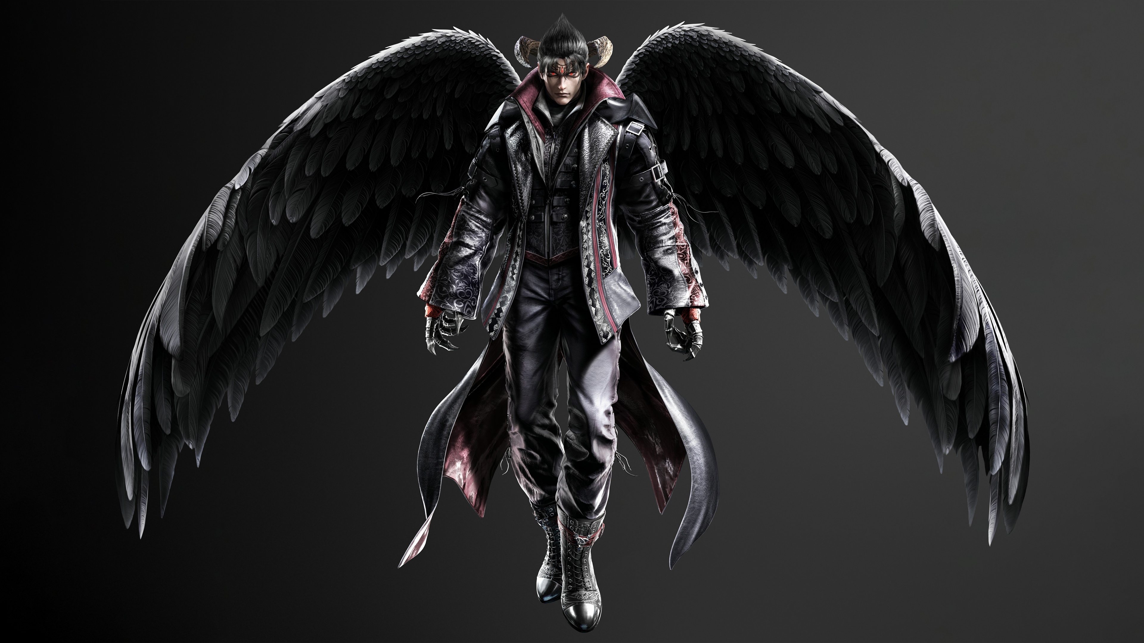 A cinematic close-up of Devil Jin from Tekken 8 with dark, dramatic lighting.