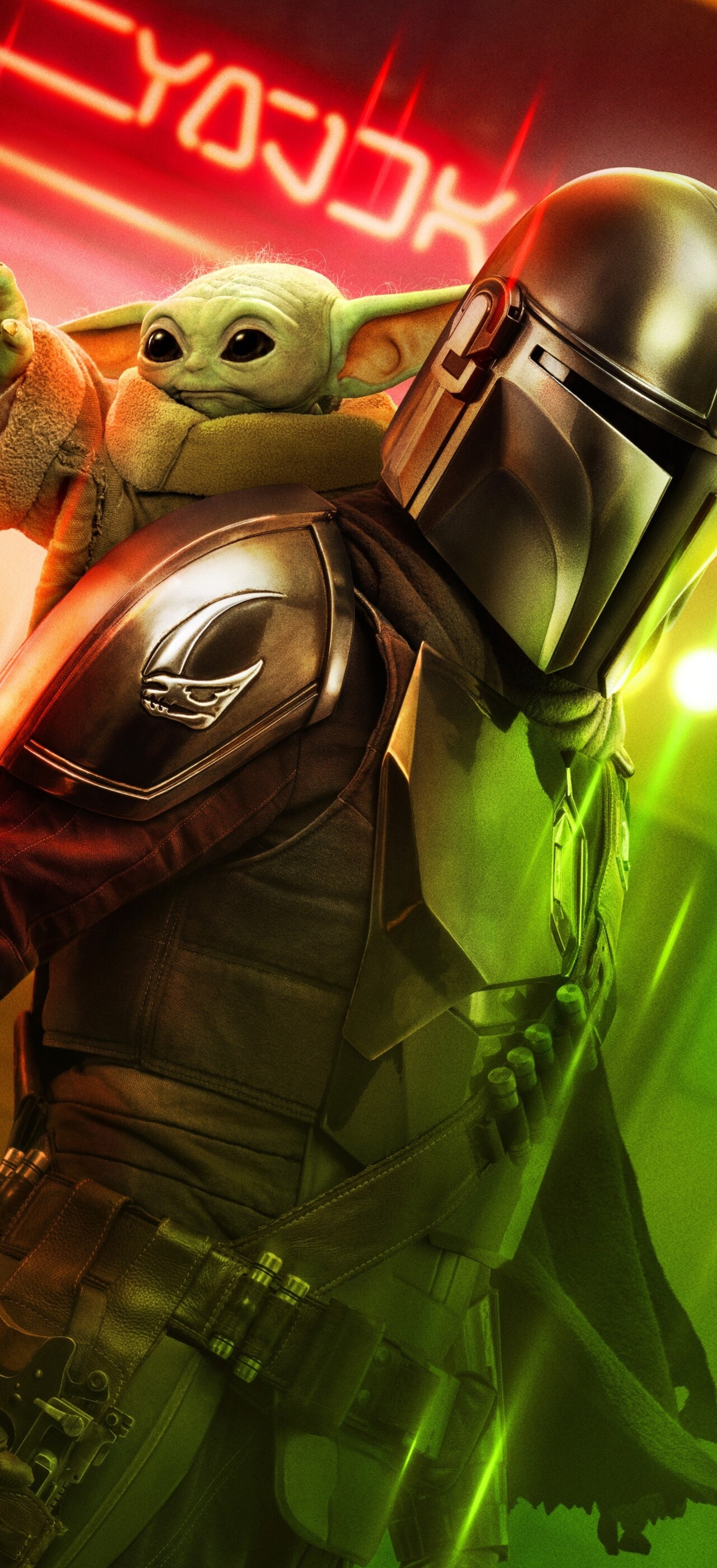 A high-resolution neon-style portrait of Din Djarin and Grogu from Star Wars: The Mandalorian and Grogu.