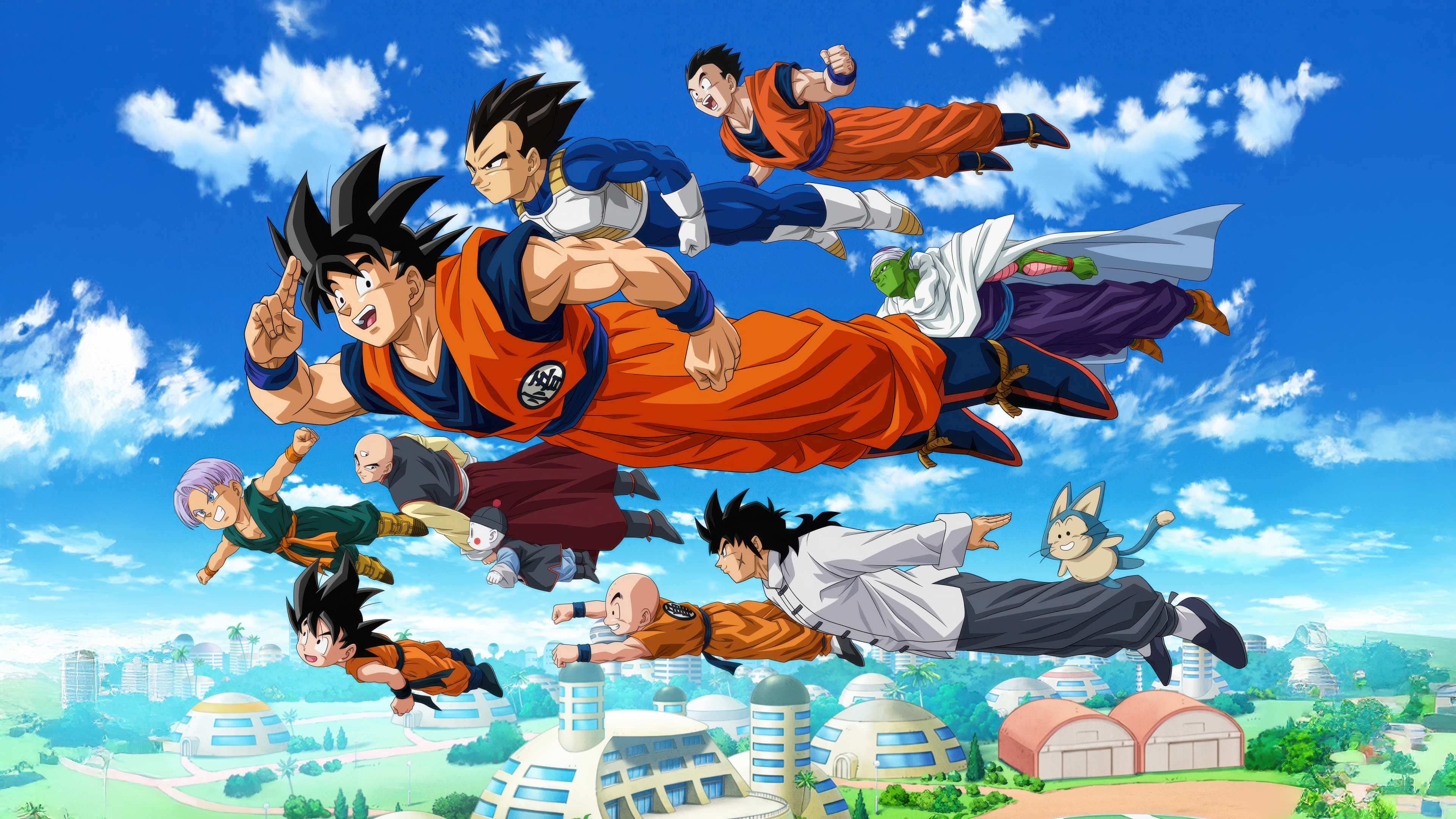 A cinematic group shot of Goku, Vegeta, Gohan, Piccolo, and Trunks flying through the sky in the Dragon Ball Super anime style.