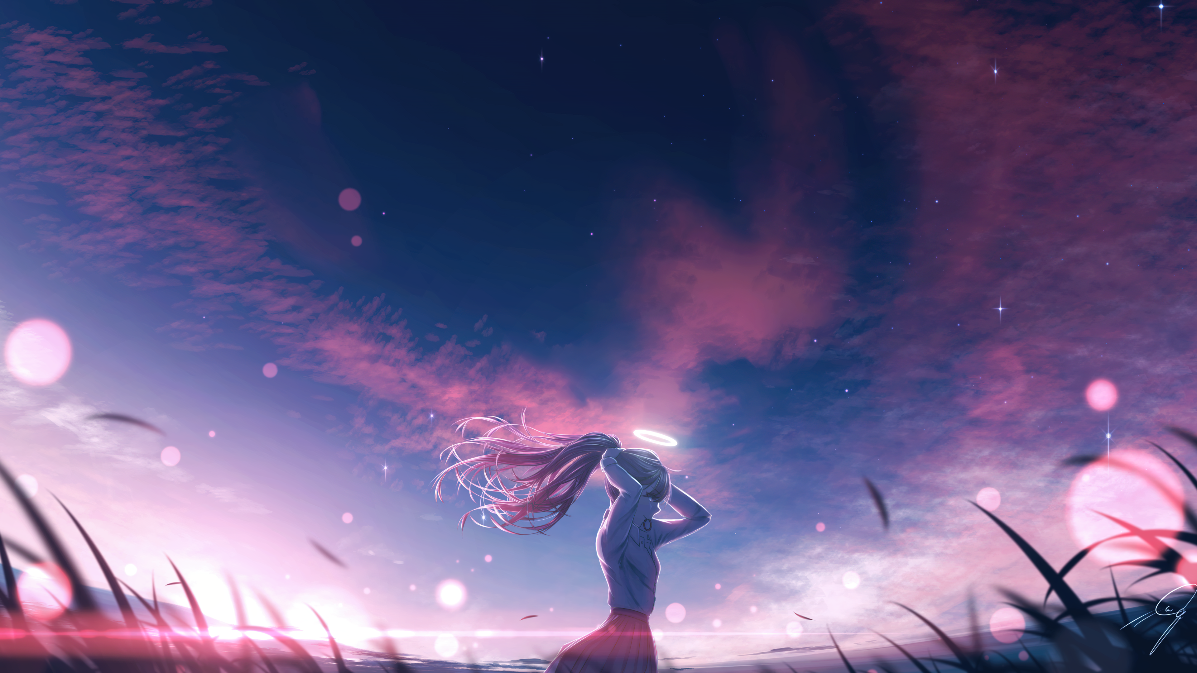 An anime girl with a soft expression surrounded by a dreamy, aesthetic, and pastel-colored background.