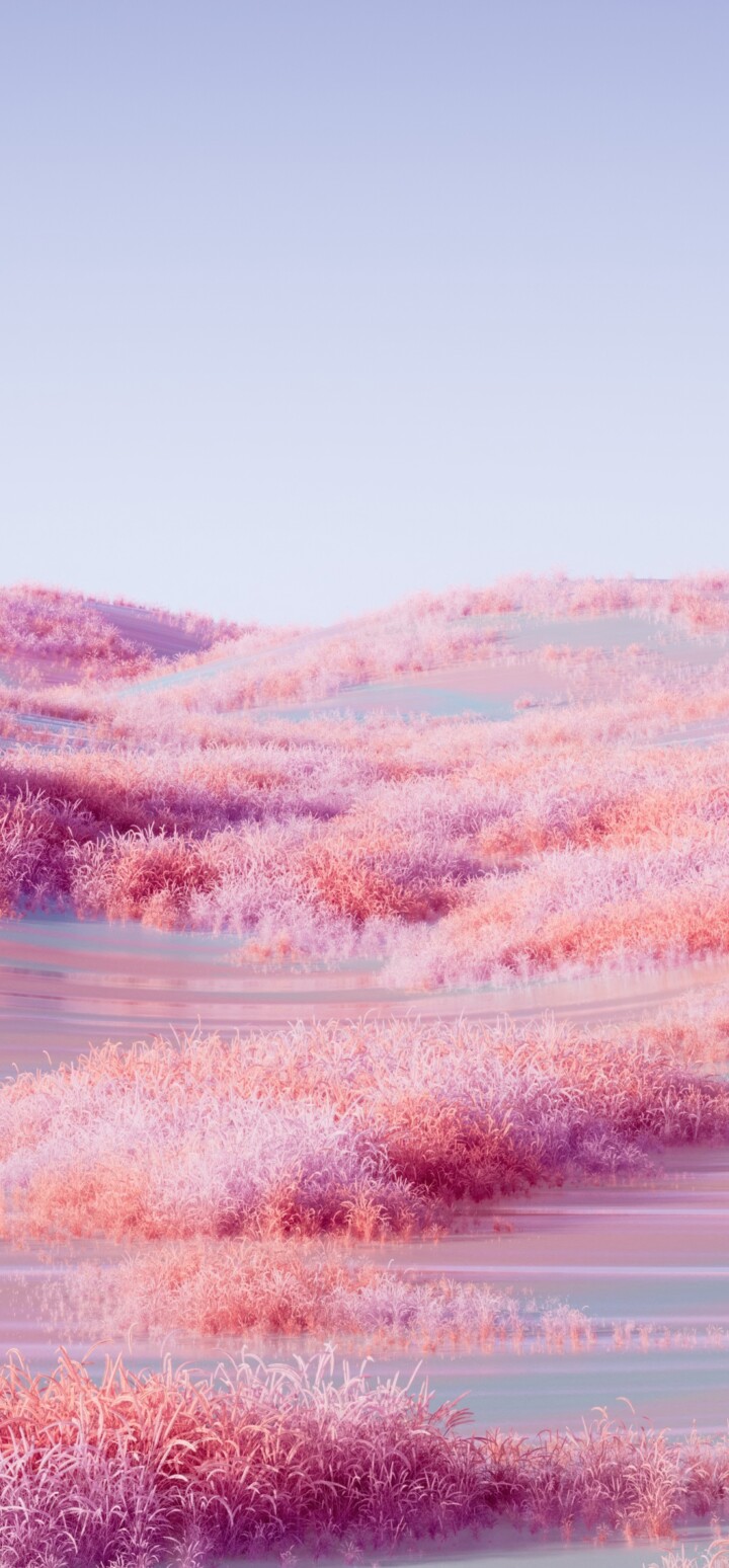 A surreal landscape of rolling hills covered in lush pink grass under a dreamy, soft atmosphere.