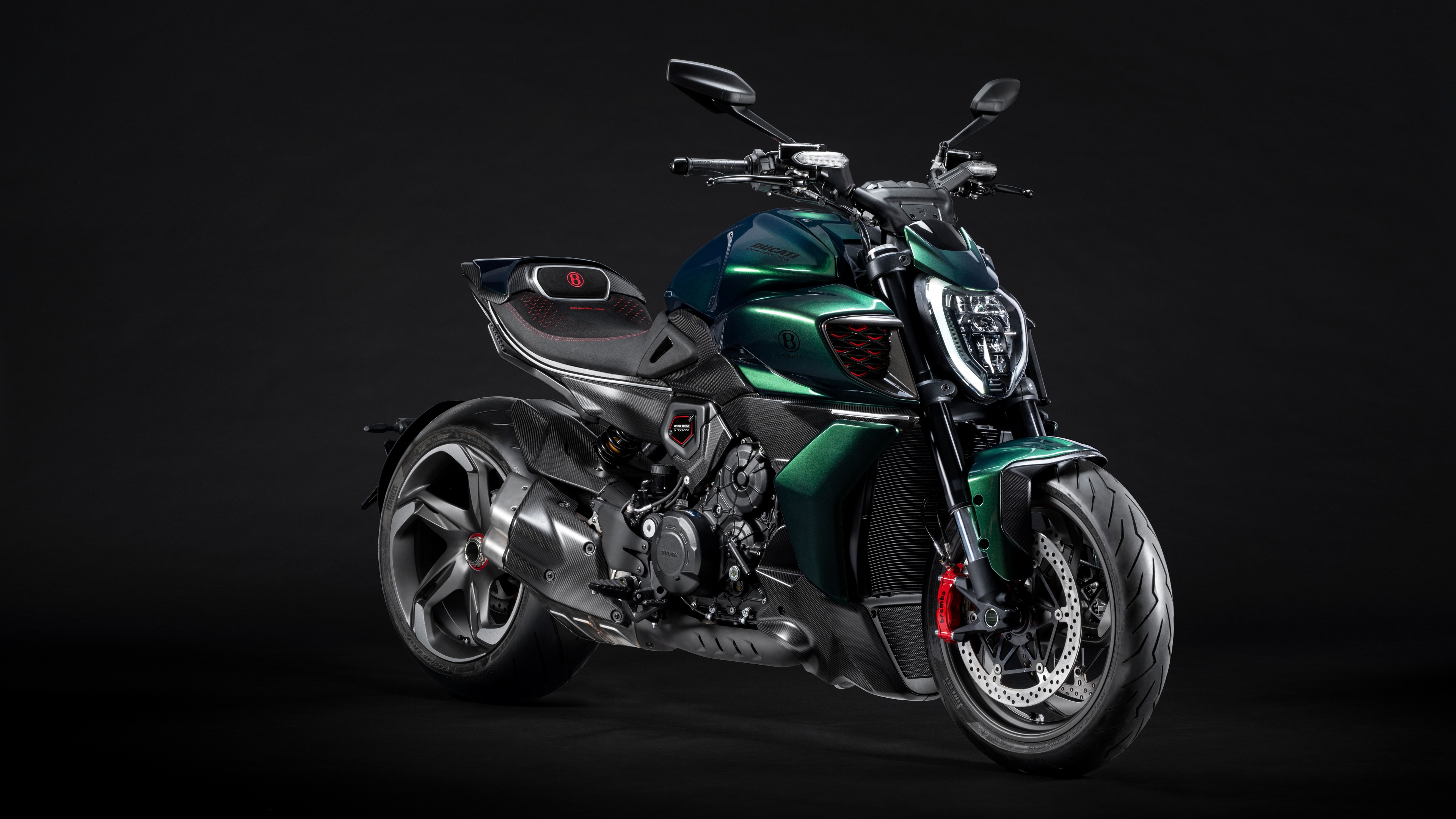 A high-detail, cinematic shot of the limited edition Ducati Diavel for Bentley motorcycle featuring premium textures against a dark, moody background.