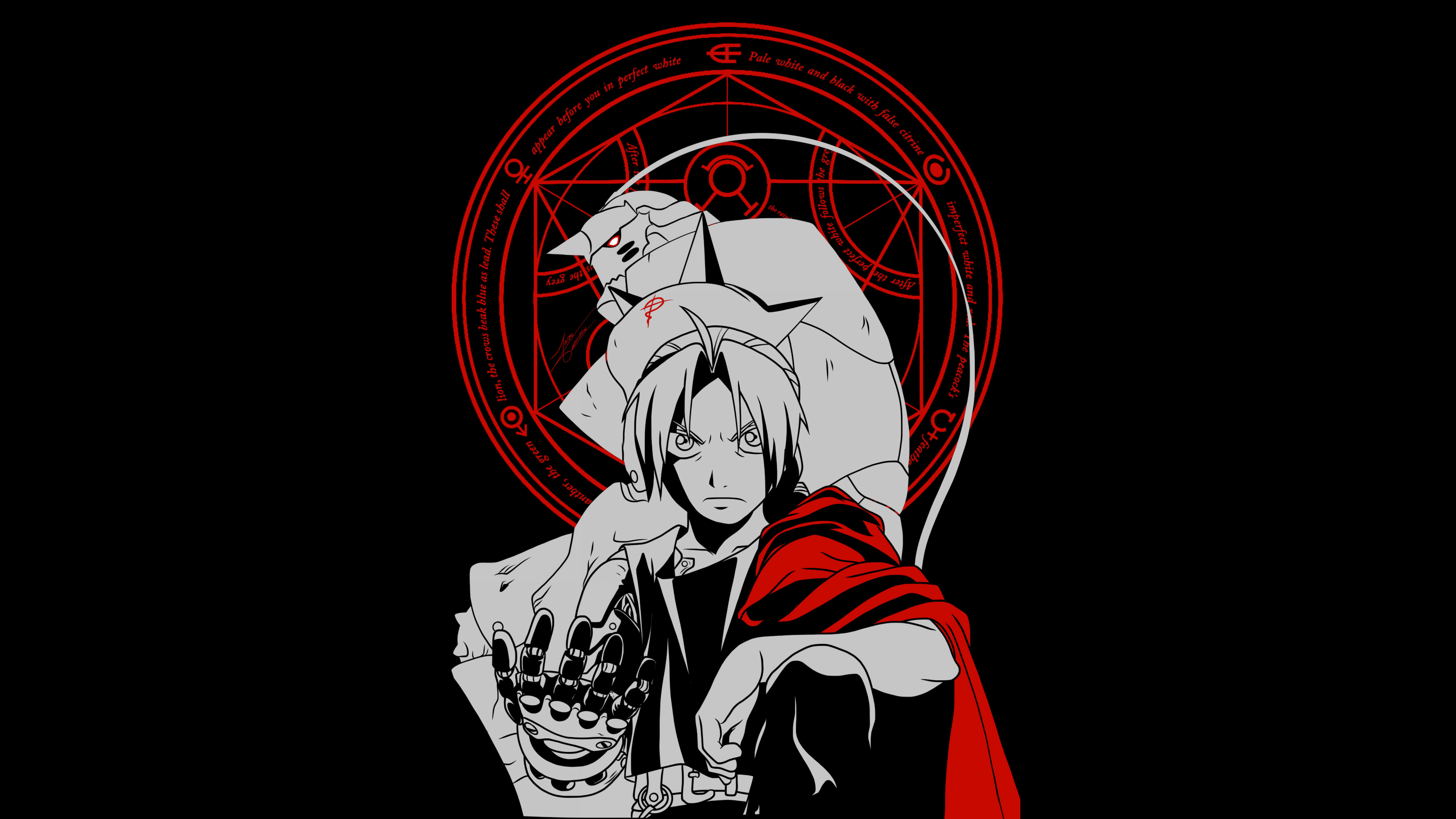 A high-contrast depiction of Edward Elric and Alphonse Elric from Fullmetal Alchemist against a solid black background.