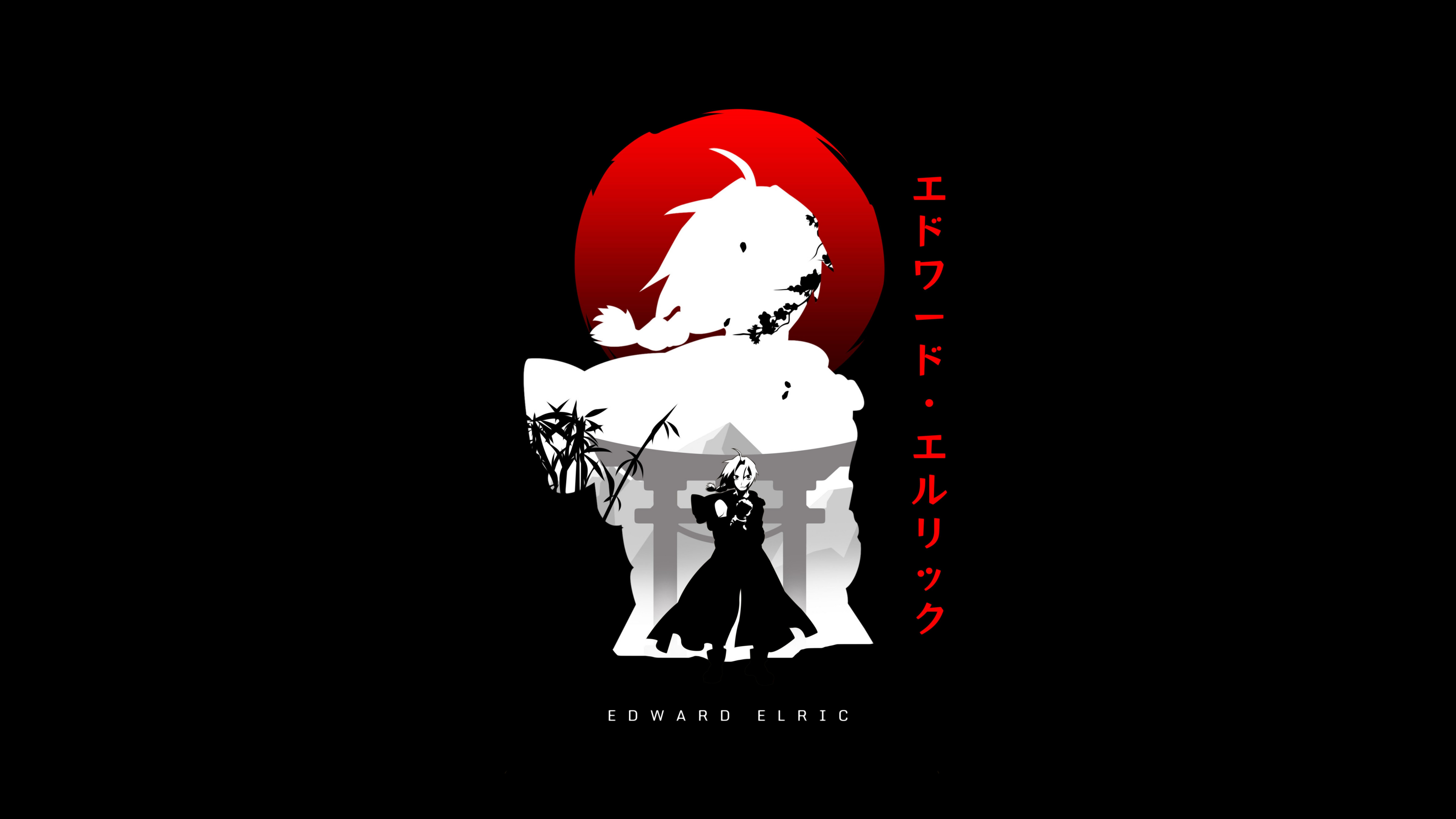 A high-contrast, dramatic portrait of Edward Elric from Fullmetal Alchemist against a solid black background.