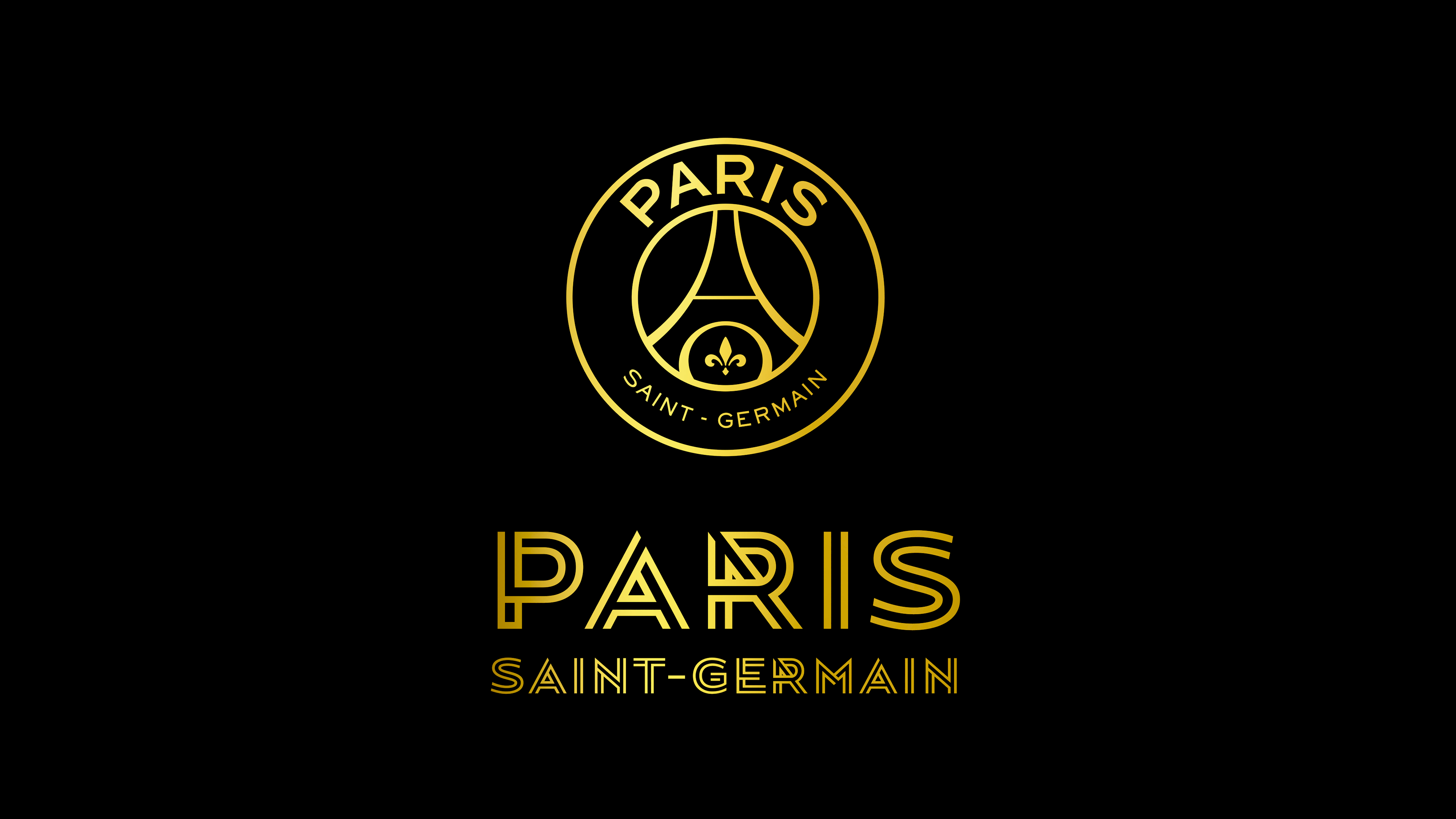 A high-contrast, luxurious Paris Saint-Germain football club logo rendered in golden letters on a black background.