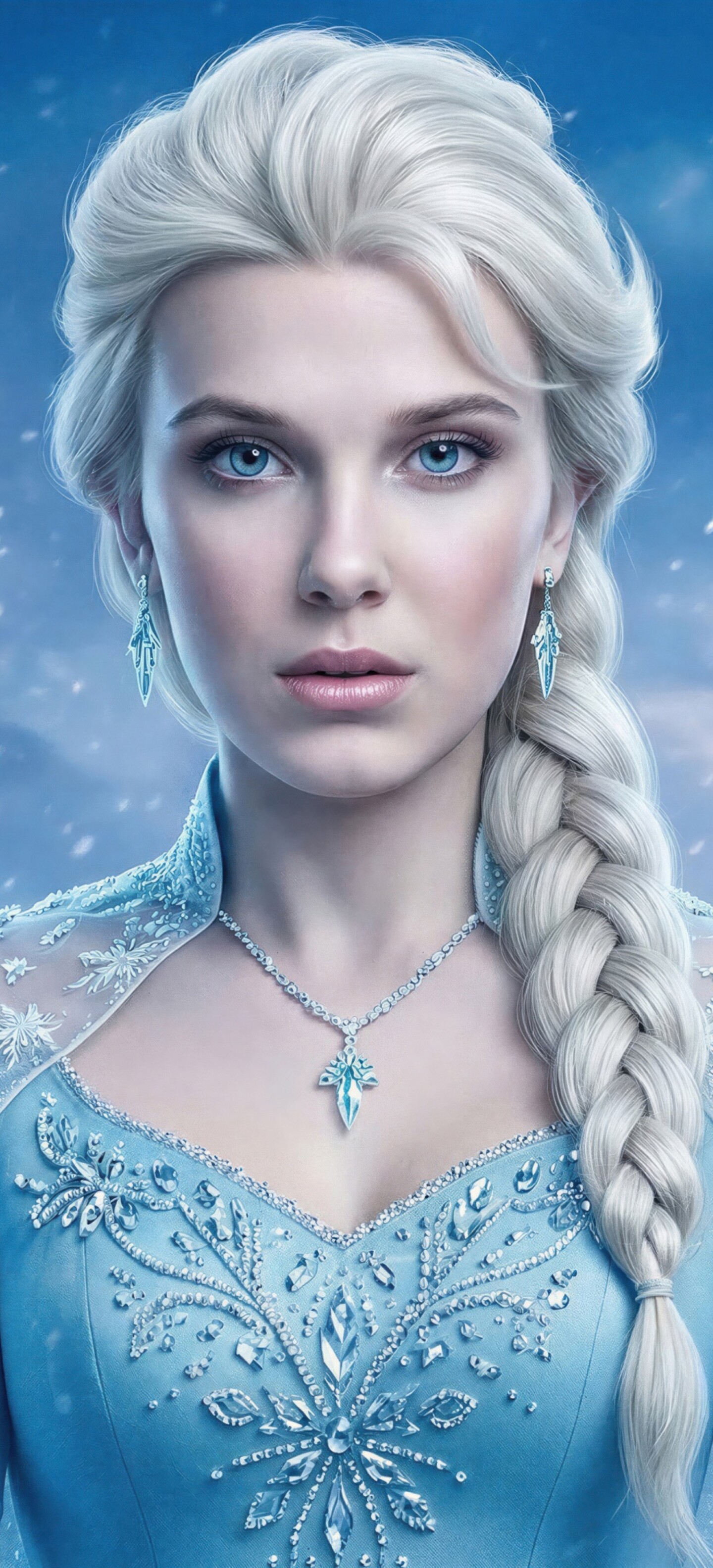 A majestic portrait of Elsa from Disney's Frozen featuring blonde hair and a royal expression.