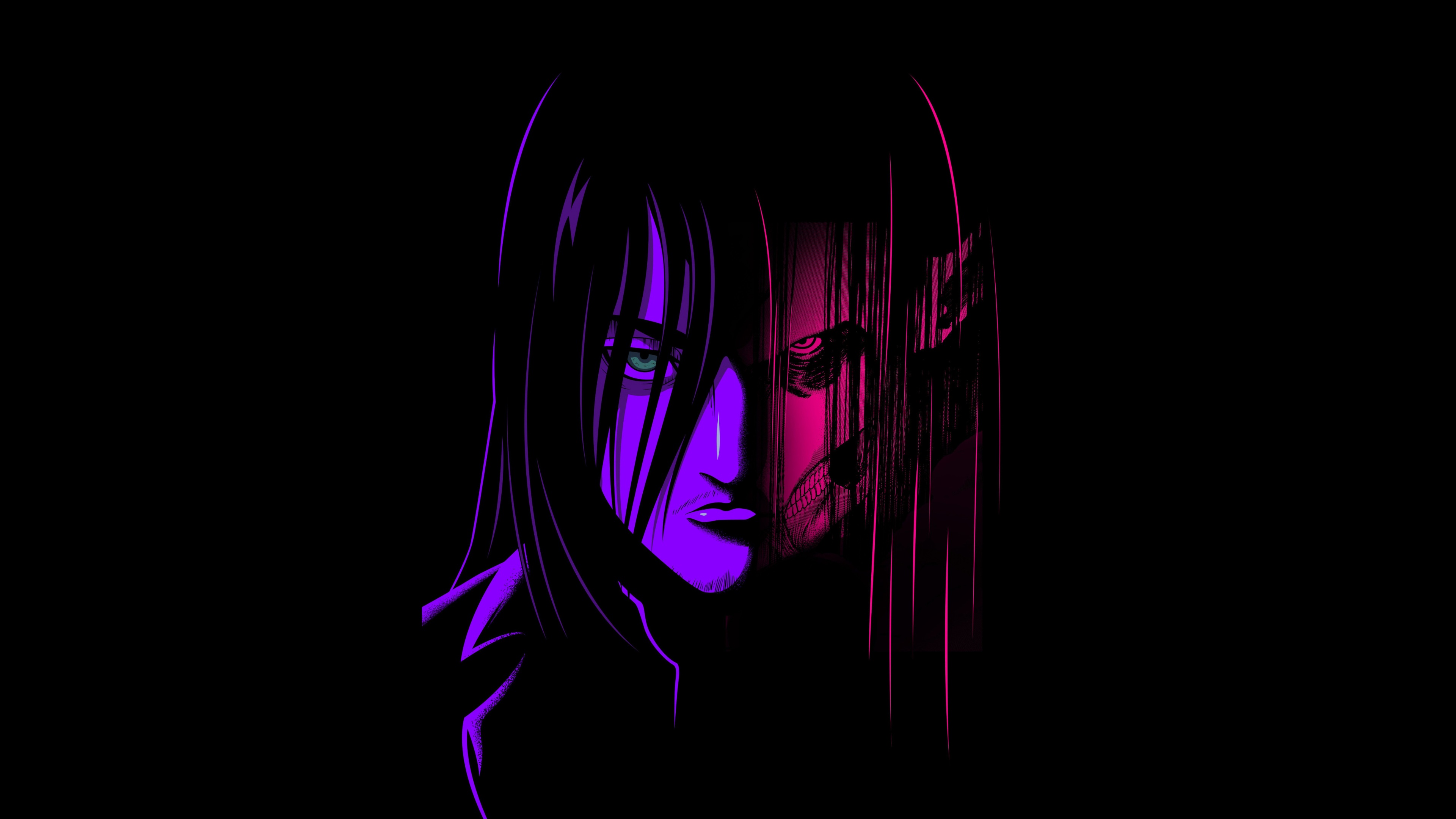 Vibrant neon art illustration of Eren Yeager from Attack on Titan on a solid black background.