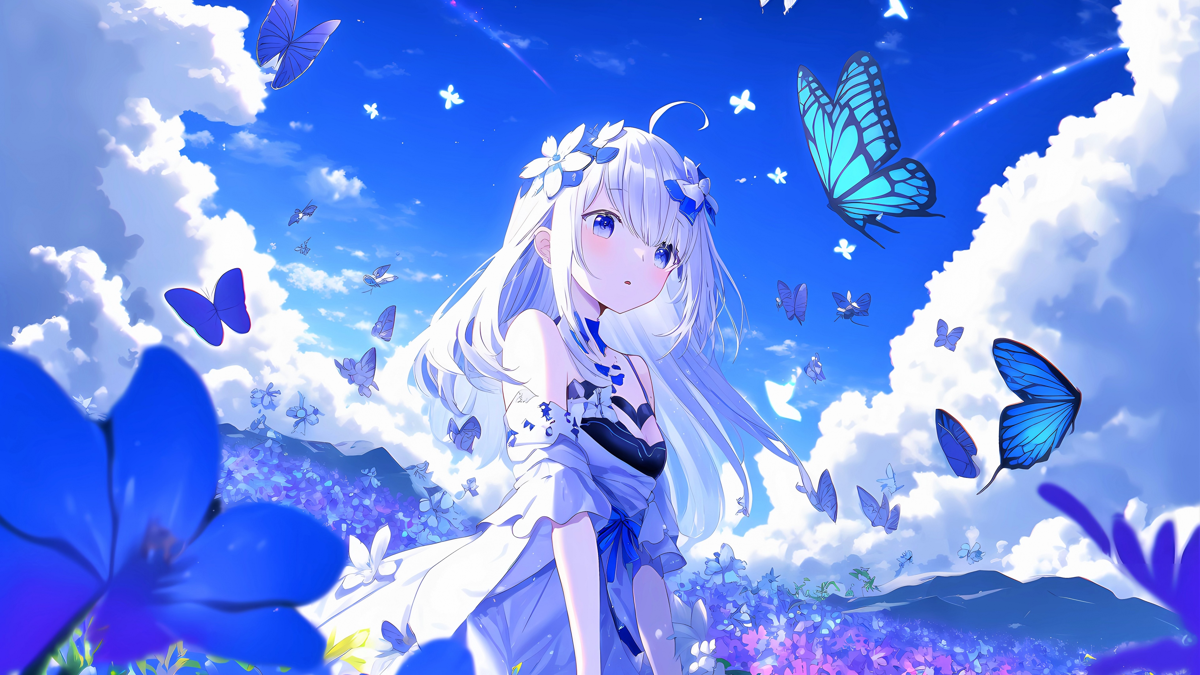 A teenage anime girl surrounded by butterflies against a vibrant blue sky background.