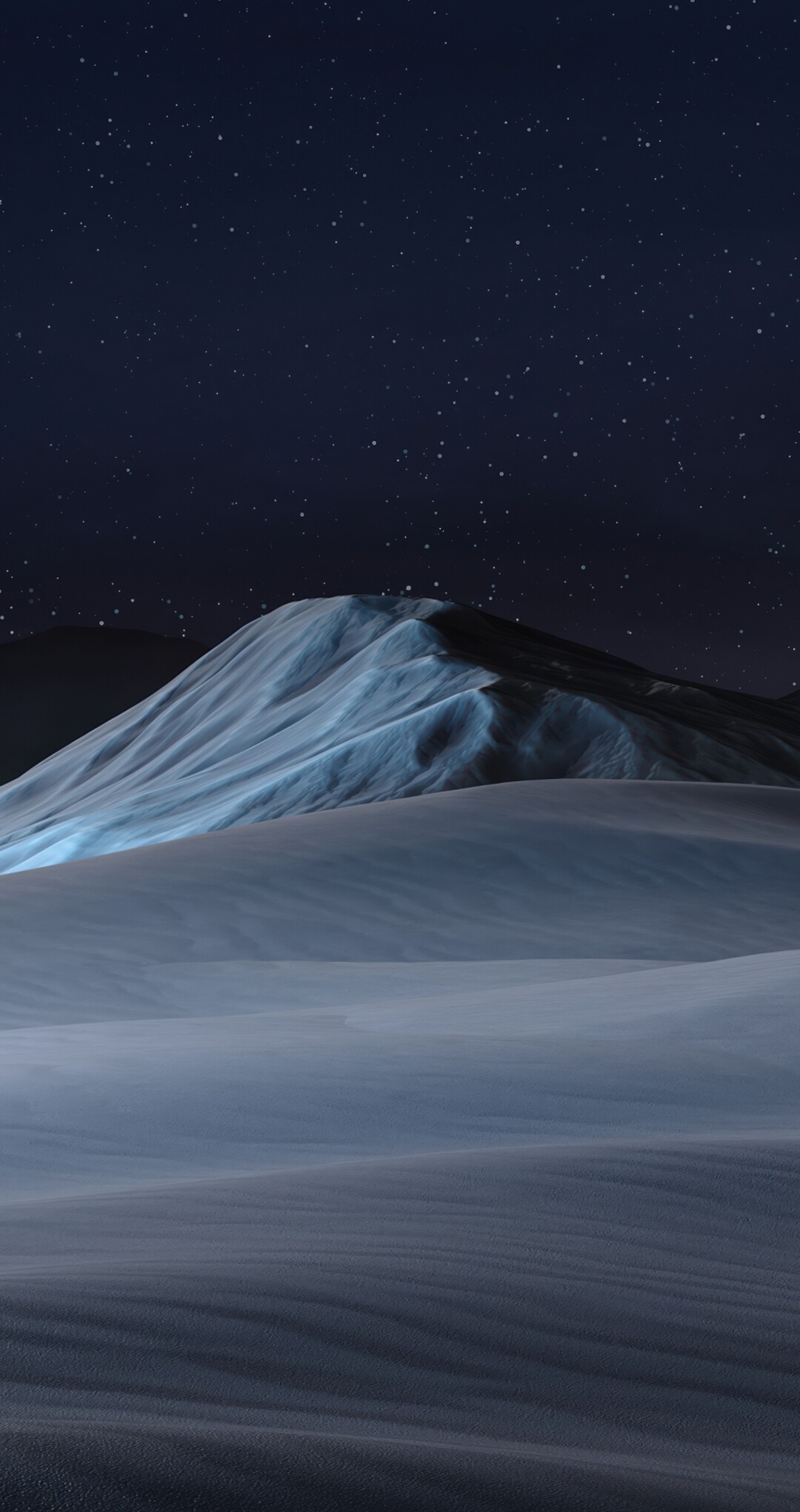 A dramatic night landscape showing snow mountains under a starry sky with red glowing sand dunes.