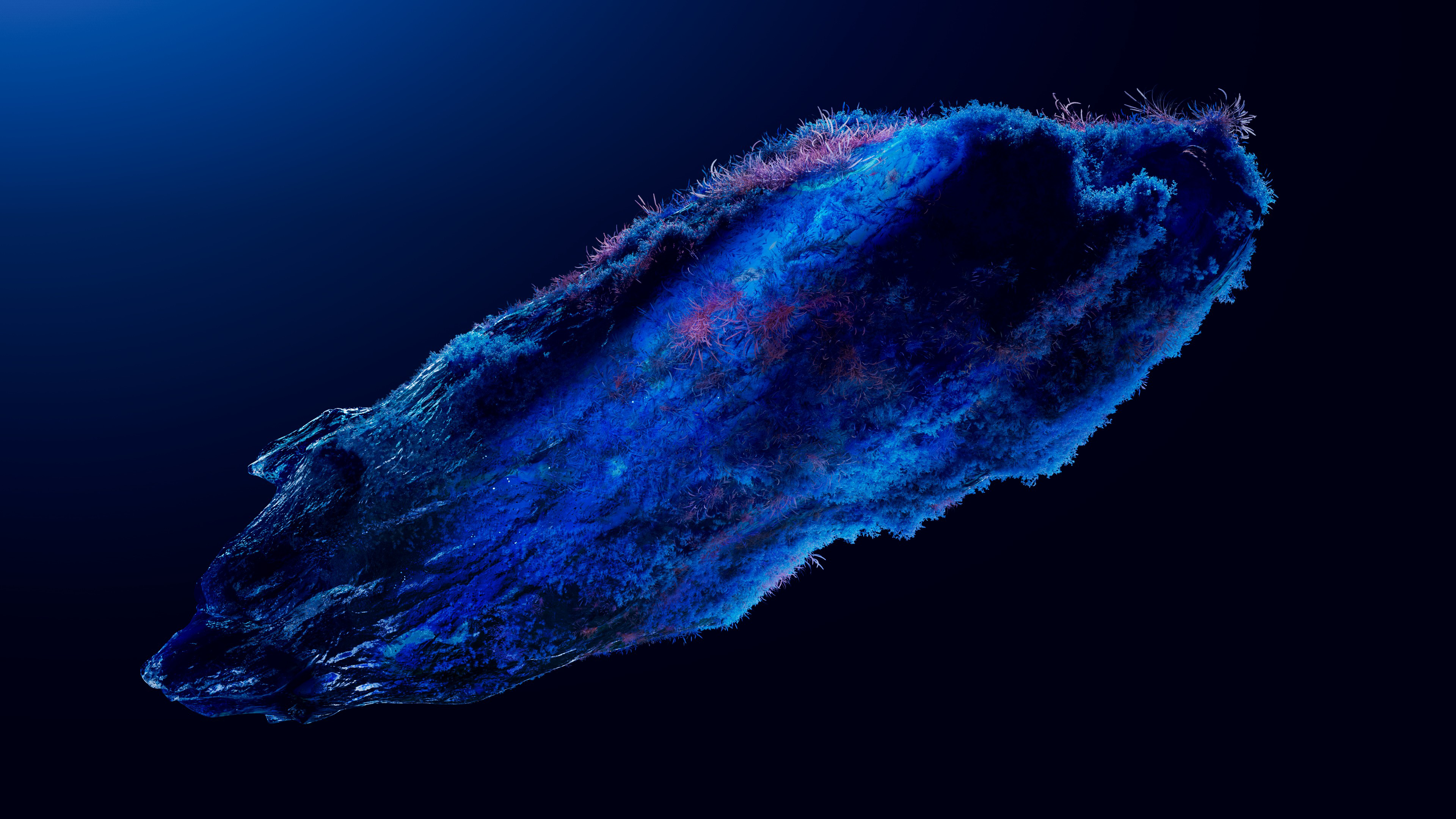 Abstract flowing organic shapes in dark blue and deep sea tones, resembling cosmic nebula or deep sea currents.