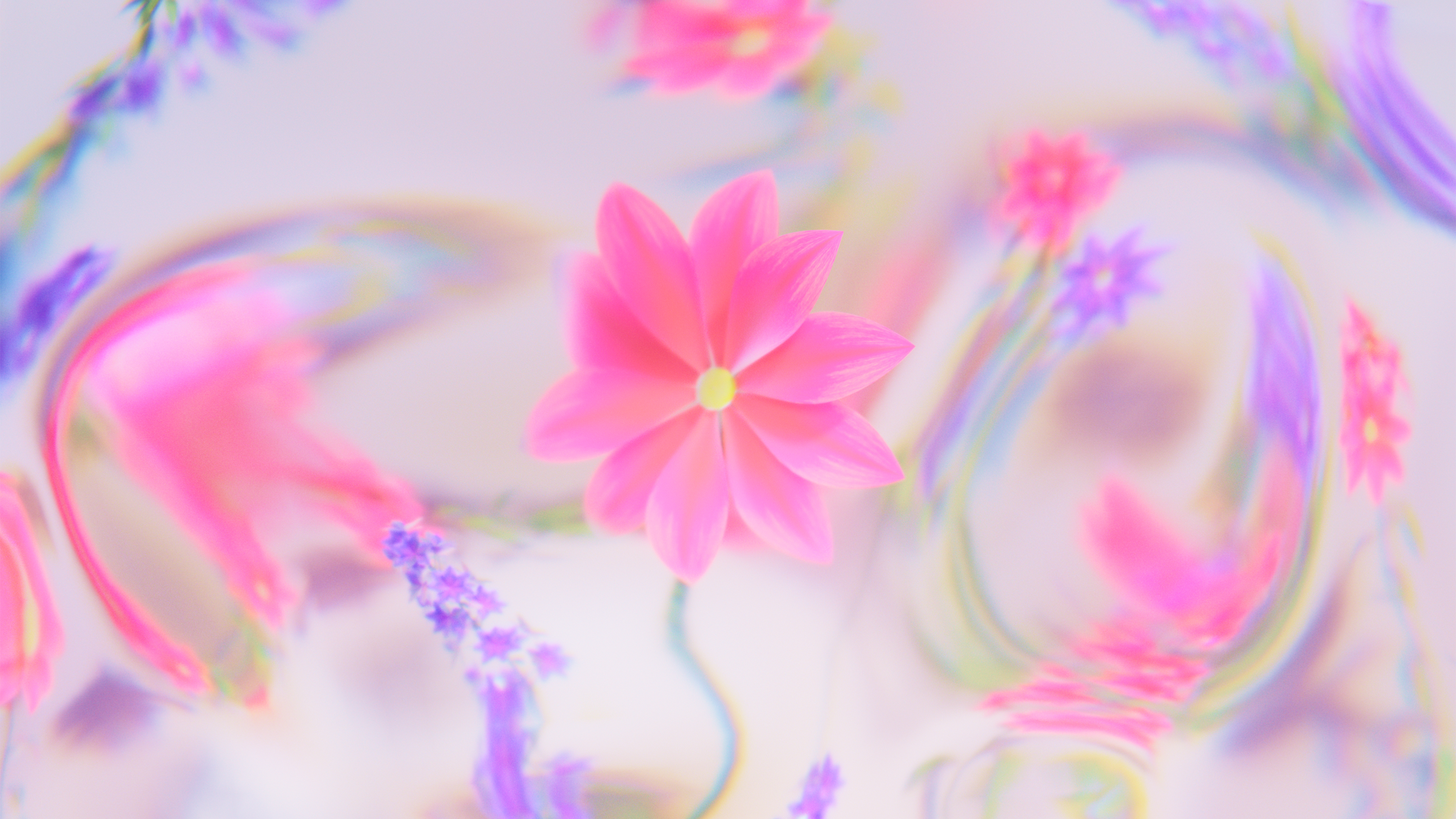 Abstract luminous pink flower with iridescent petals and a dreamy pastel background.
