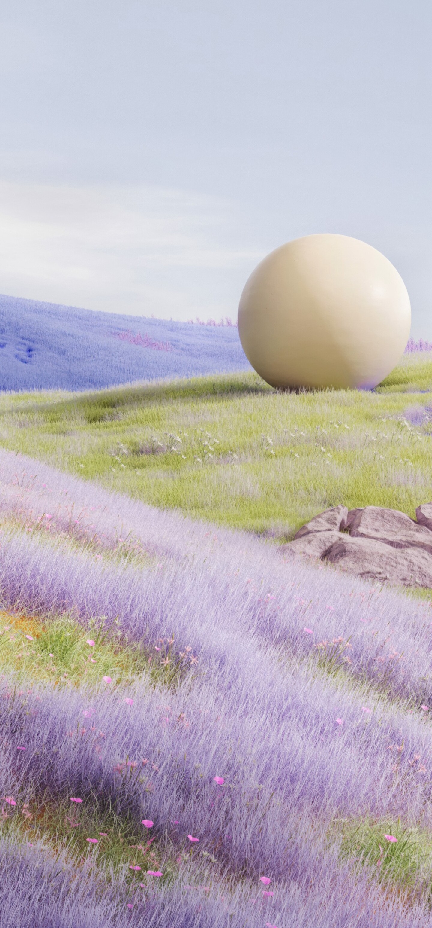 A surreal landscape of vast lavender fields with a large, glowing sphere floating above the purple flowers under a dreamy sky.