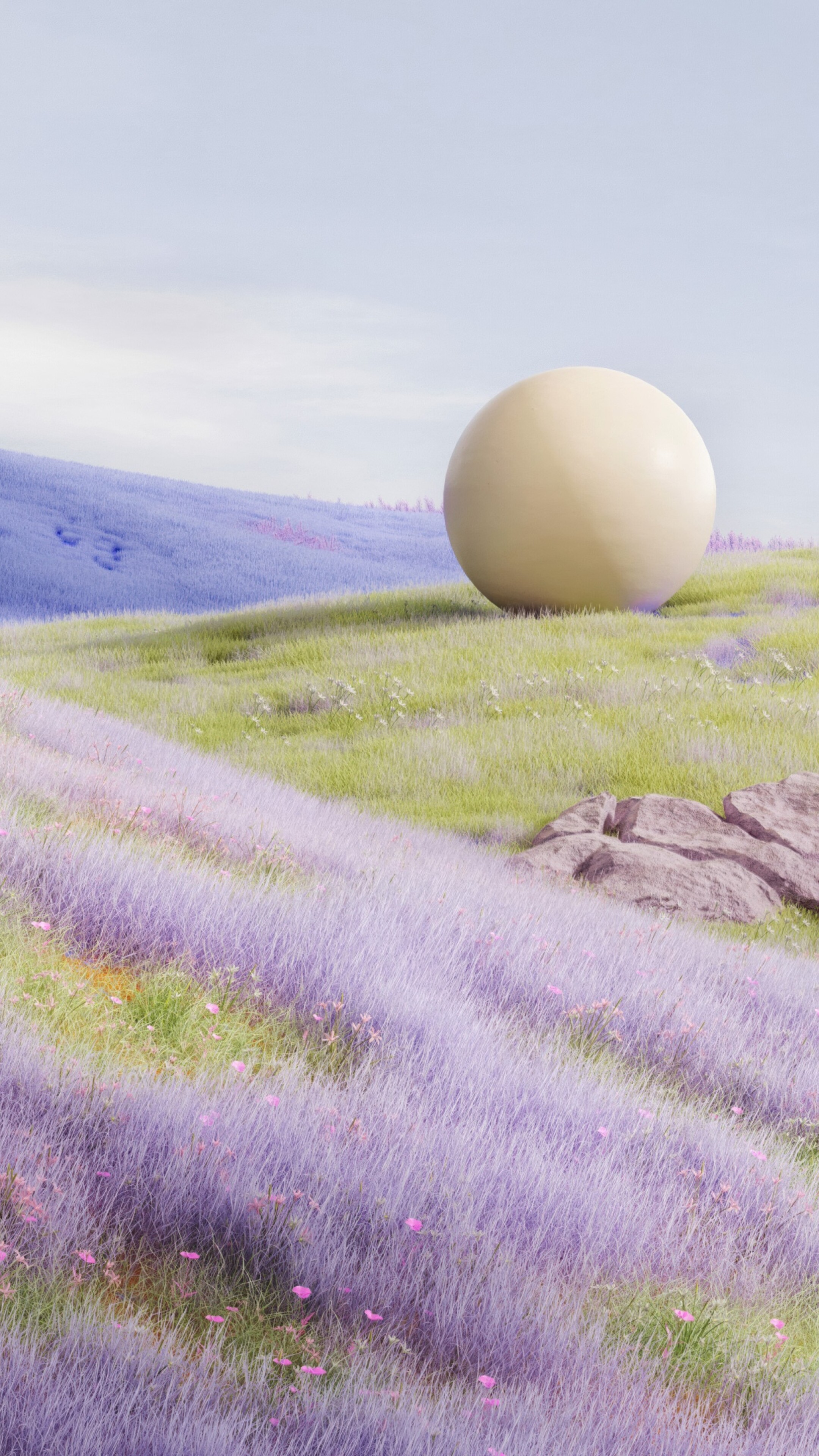 A surreal landscape of vast lavender fields with a large, glowing sphere floating above the purple flowers under a dreamy sky.
