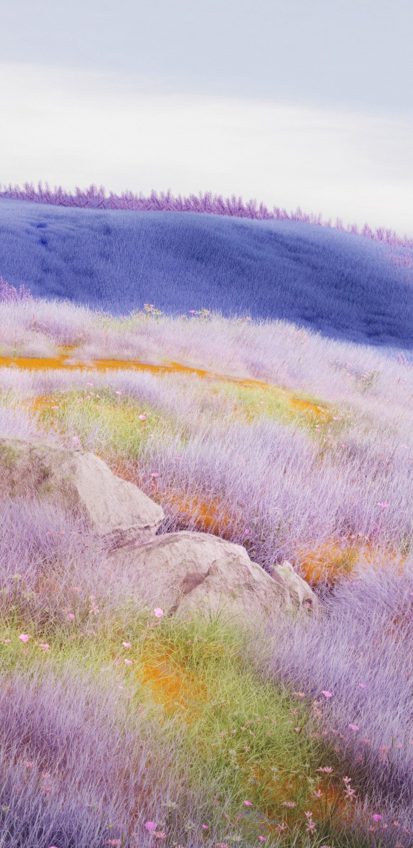A surreal landscape of vast lavender fields with a large, mysterious floating sphere under a dreamy sky.