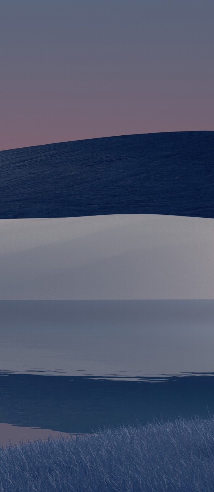 A surreal landscape at dusk featuring a large moon rising over rolling hills with a clear reflection in a calm lake.