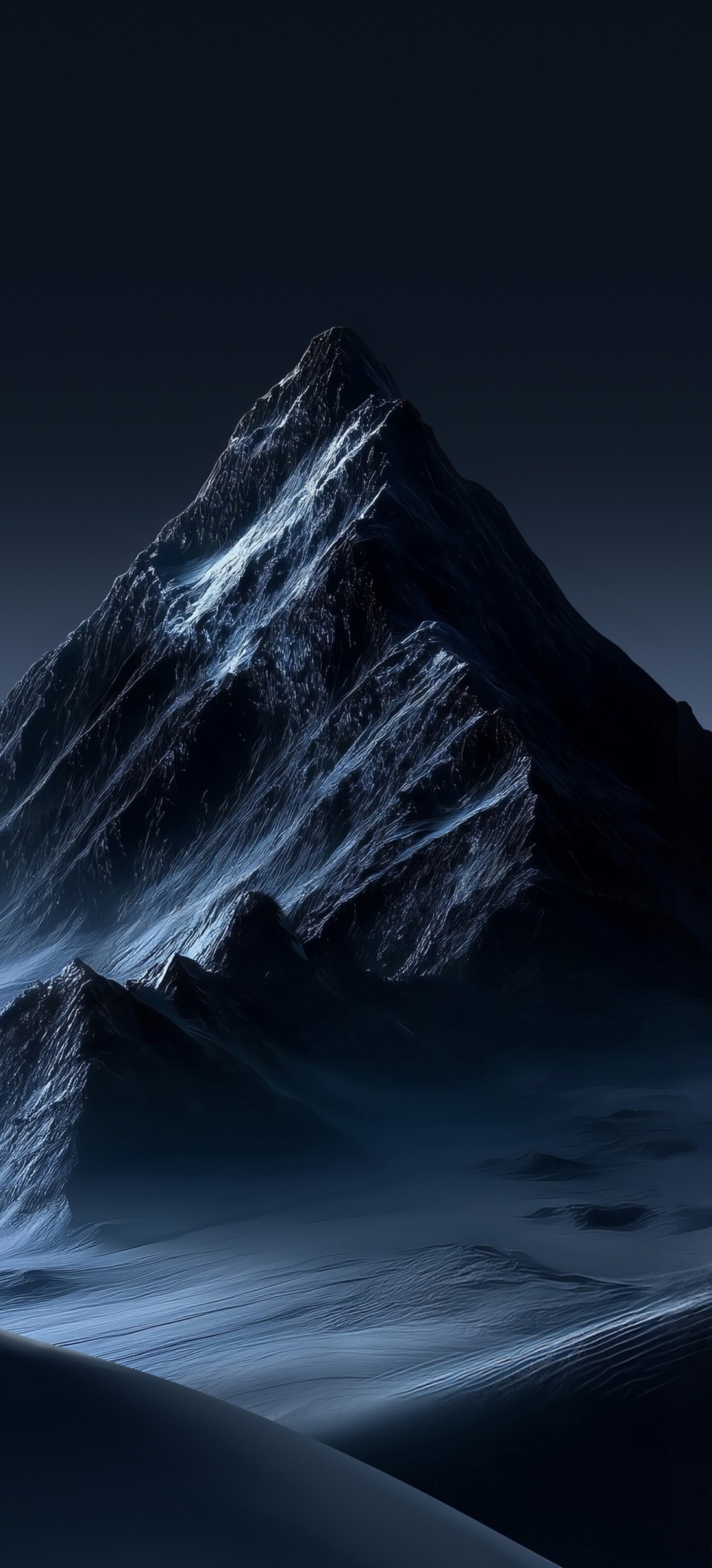 Snowy mountain peaks under a dark blue night sky in an ethereal landscape