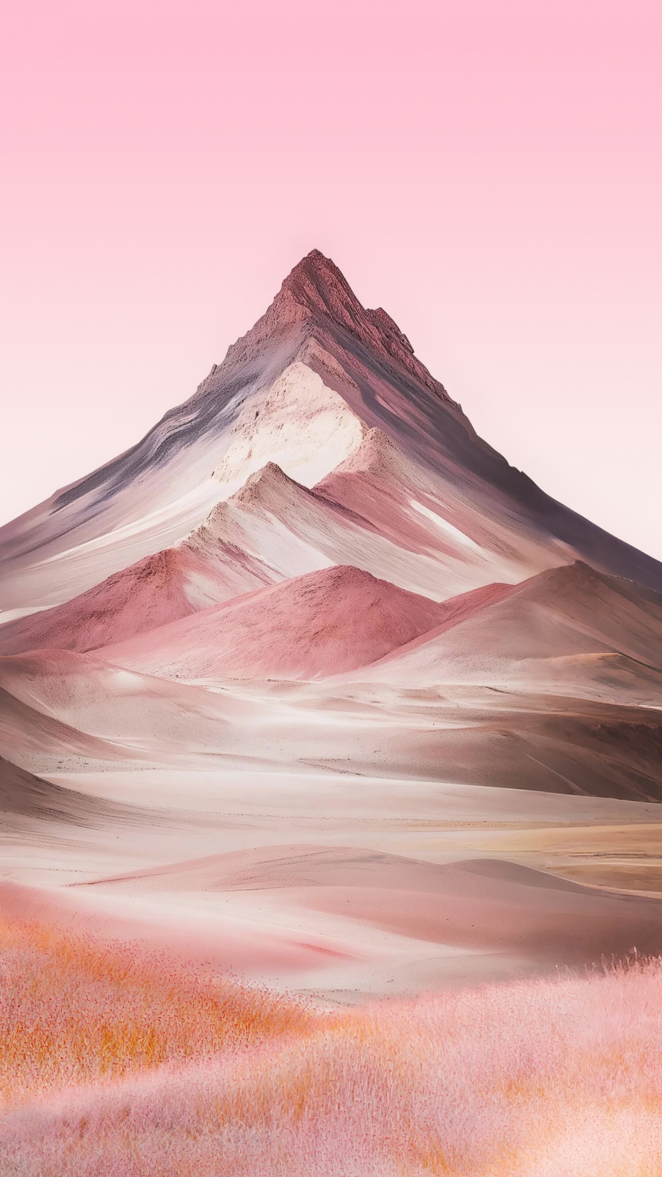 A scenic landscape of mountain peaks under a beautiful pink sky with a soft pastel aesthetic.
