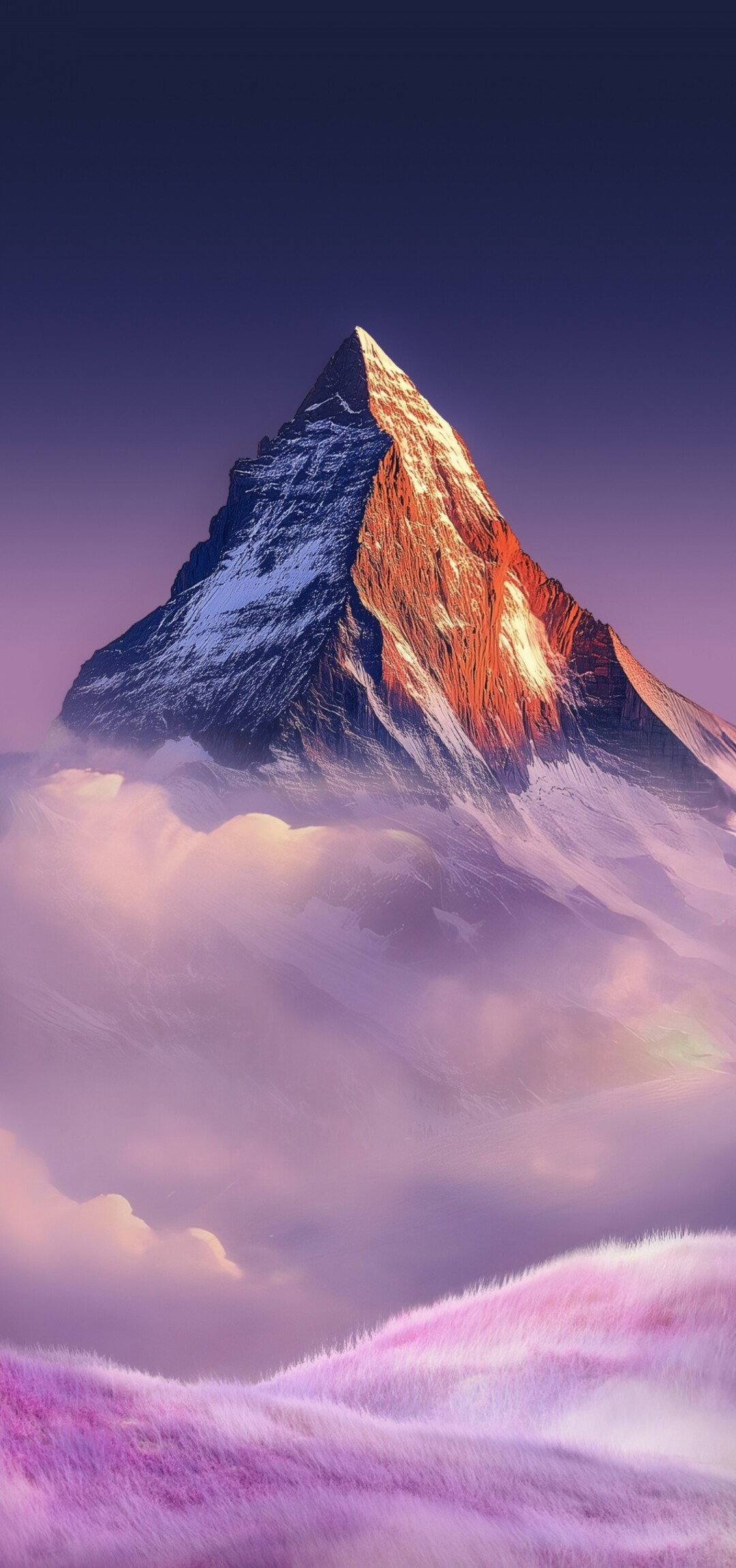A high-altitude mountain peak under a purple and violet sunset sky with scattered clouds.
