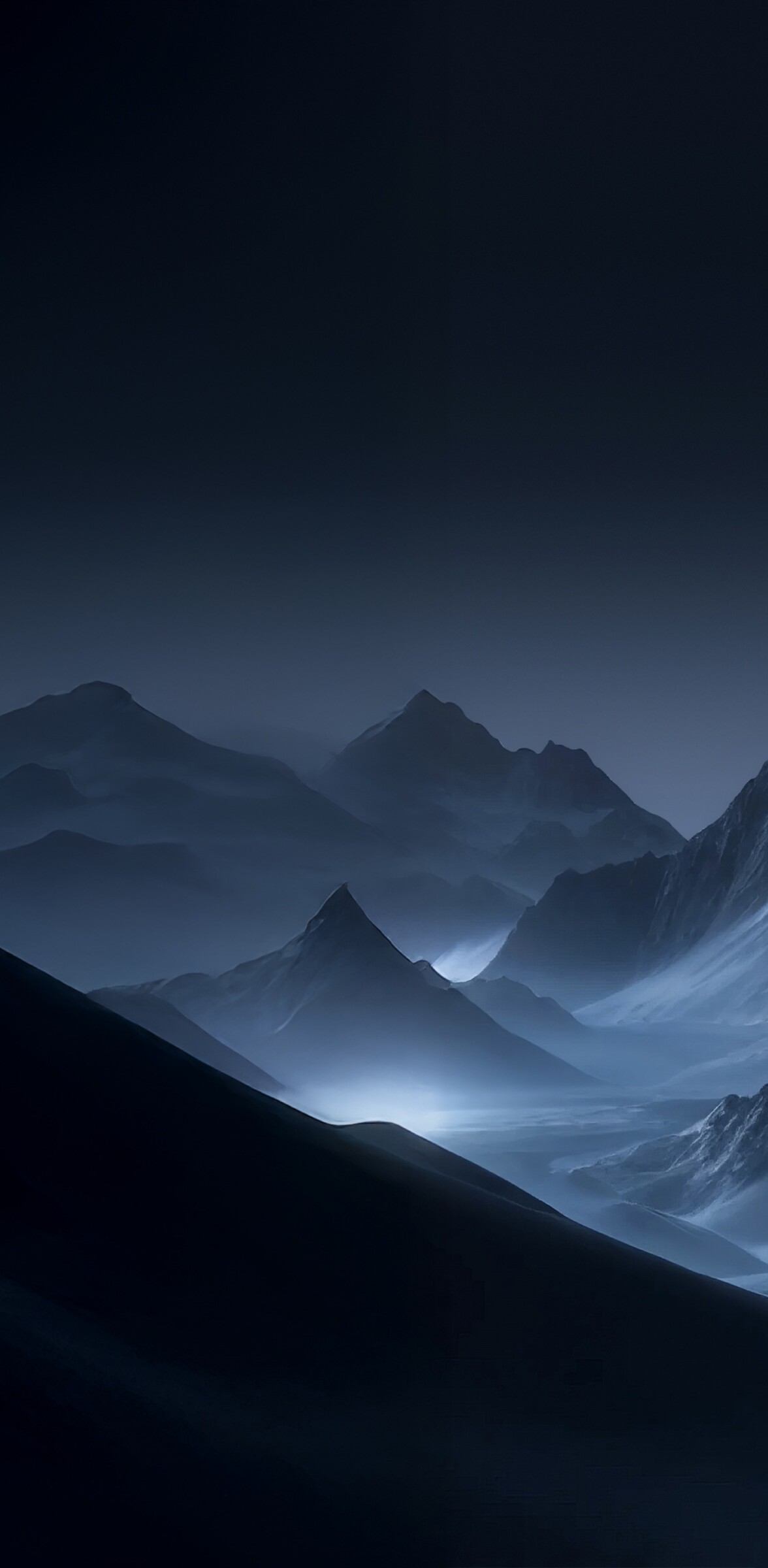 A serene night landscape featuring snow-covered mountain peaks under a dark blue, ethereal sky.