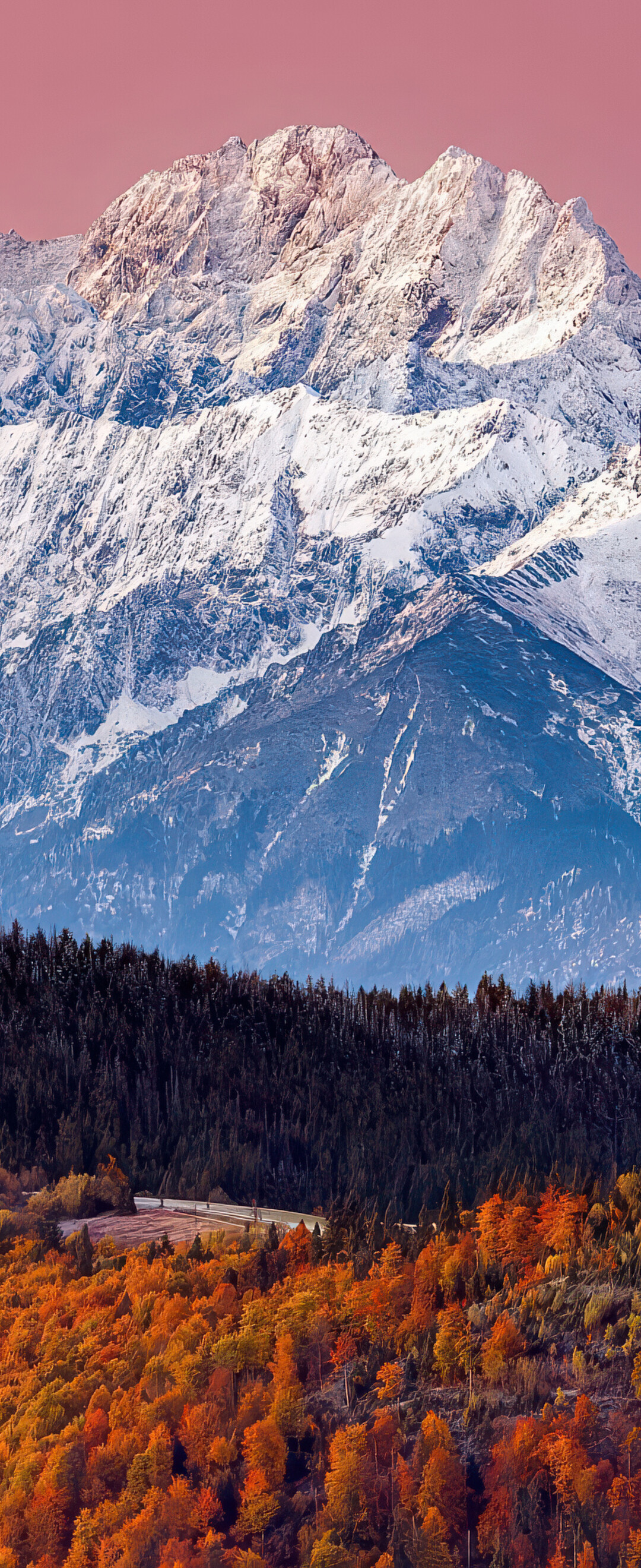 A scenic view of the snow-covered Tatra Mountains and an autumn forest under a pink sunset sky.