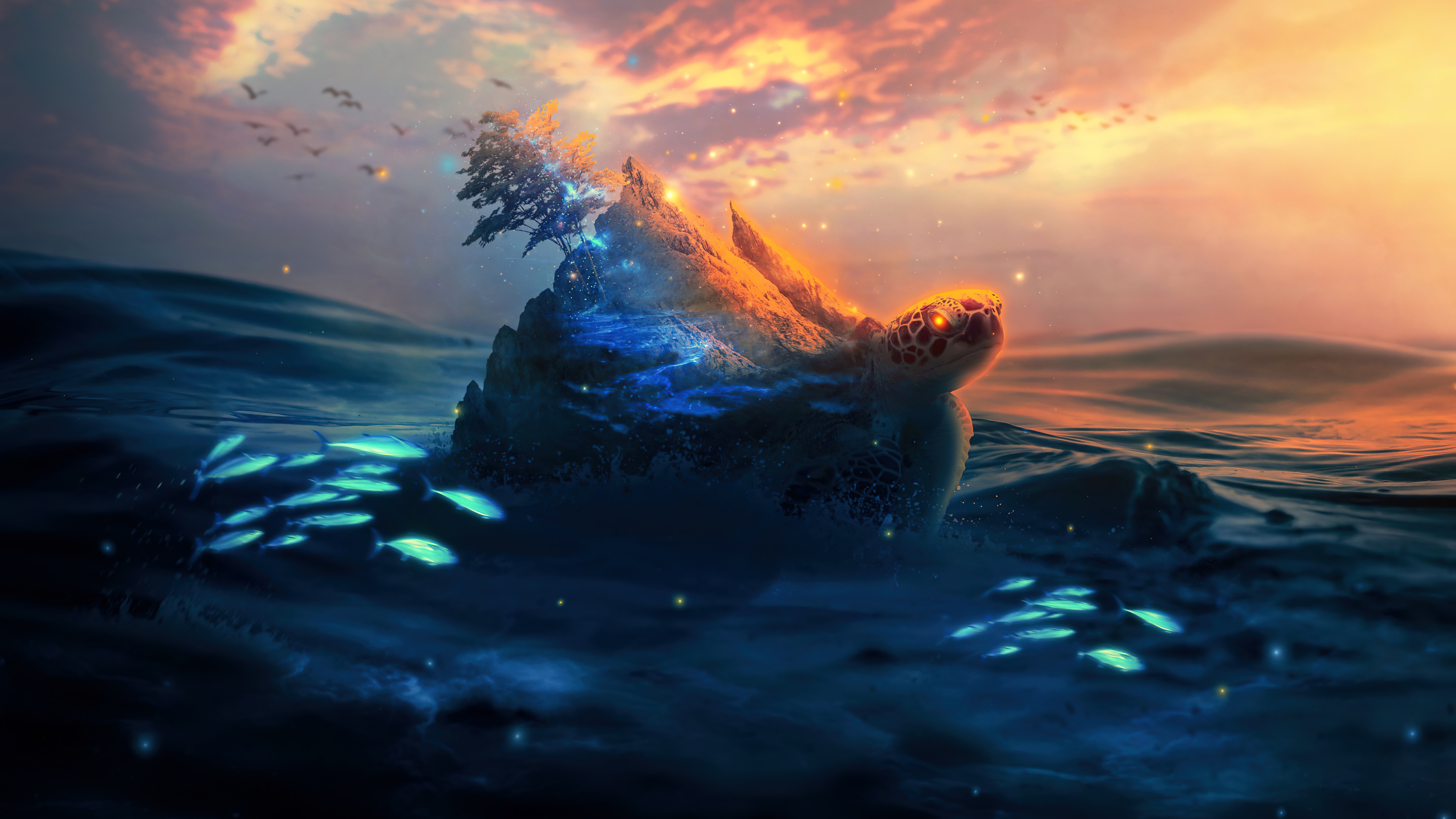 A sea turtle swimming through a surreal, aqua-colored underwater landscape with dreamy lighting and ocean depths.