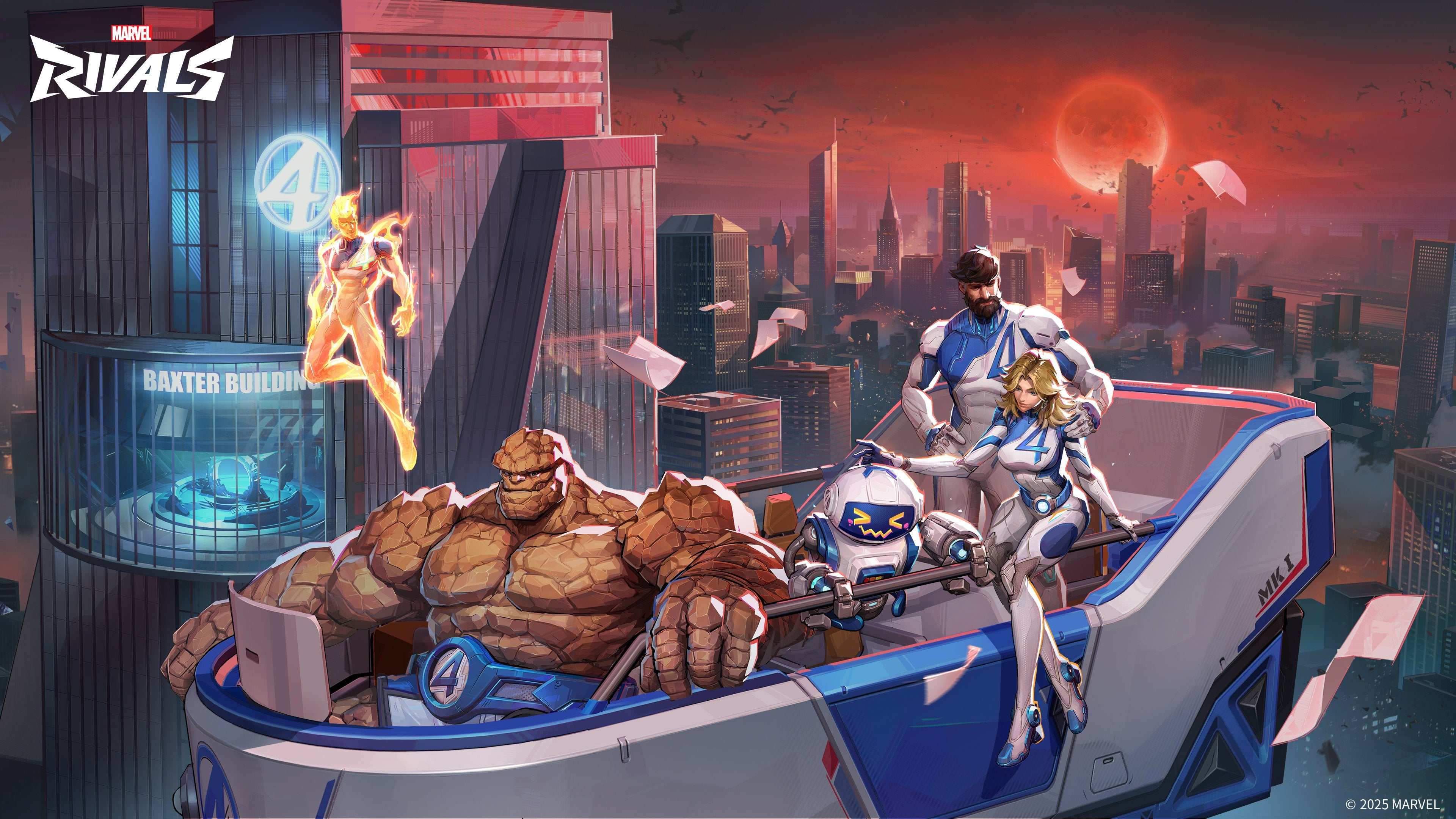 The members of the Fantastic Four—Mr. Fantastic, Invisible Woman, Human Torch, and The Thing—rendered in the art style of Marvel Rivals.