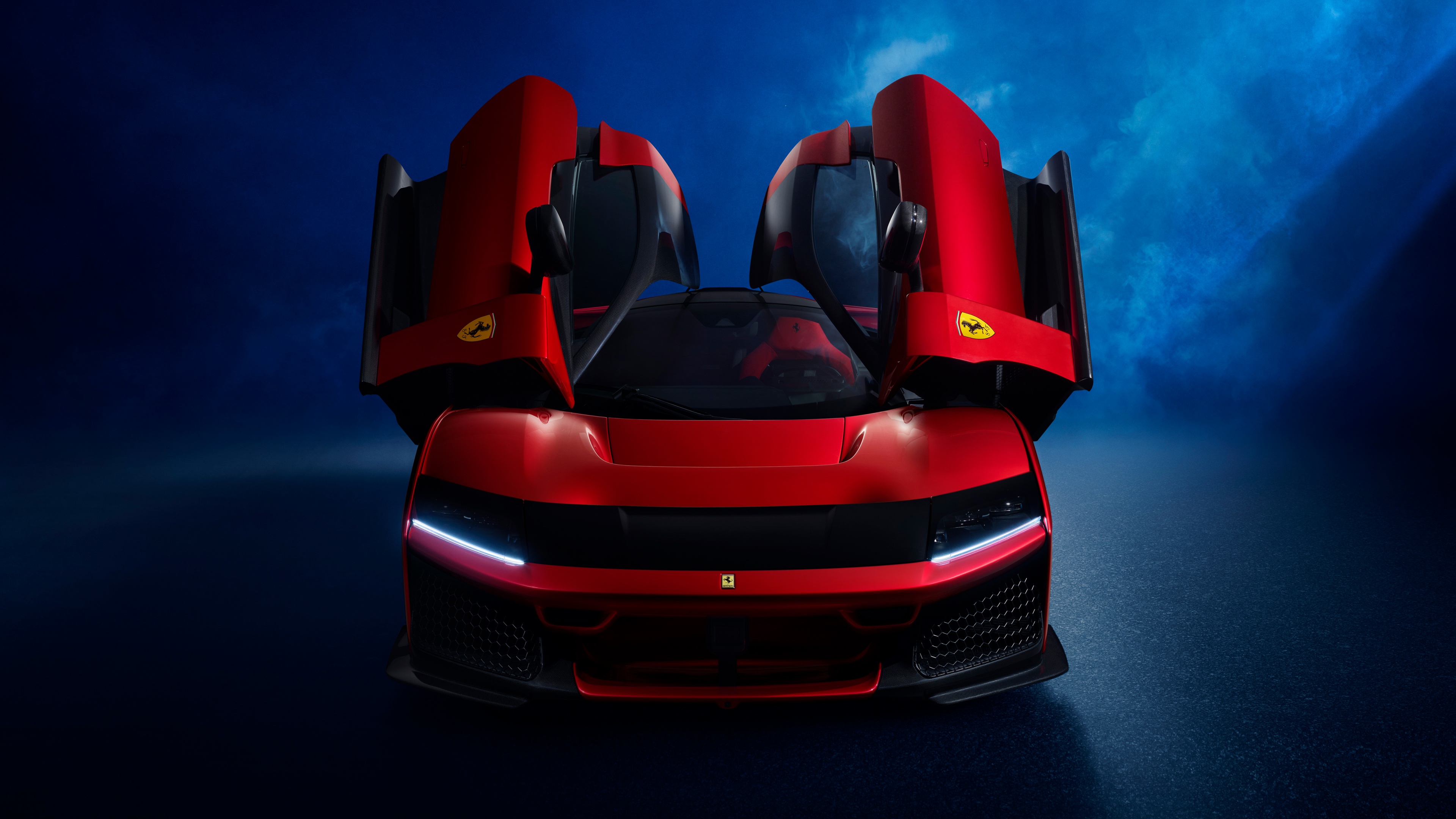 A vibrant red Ferrari F80 supercar positioned against a deep dark blue background, showcasing futuristic 2025 design.