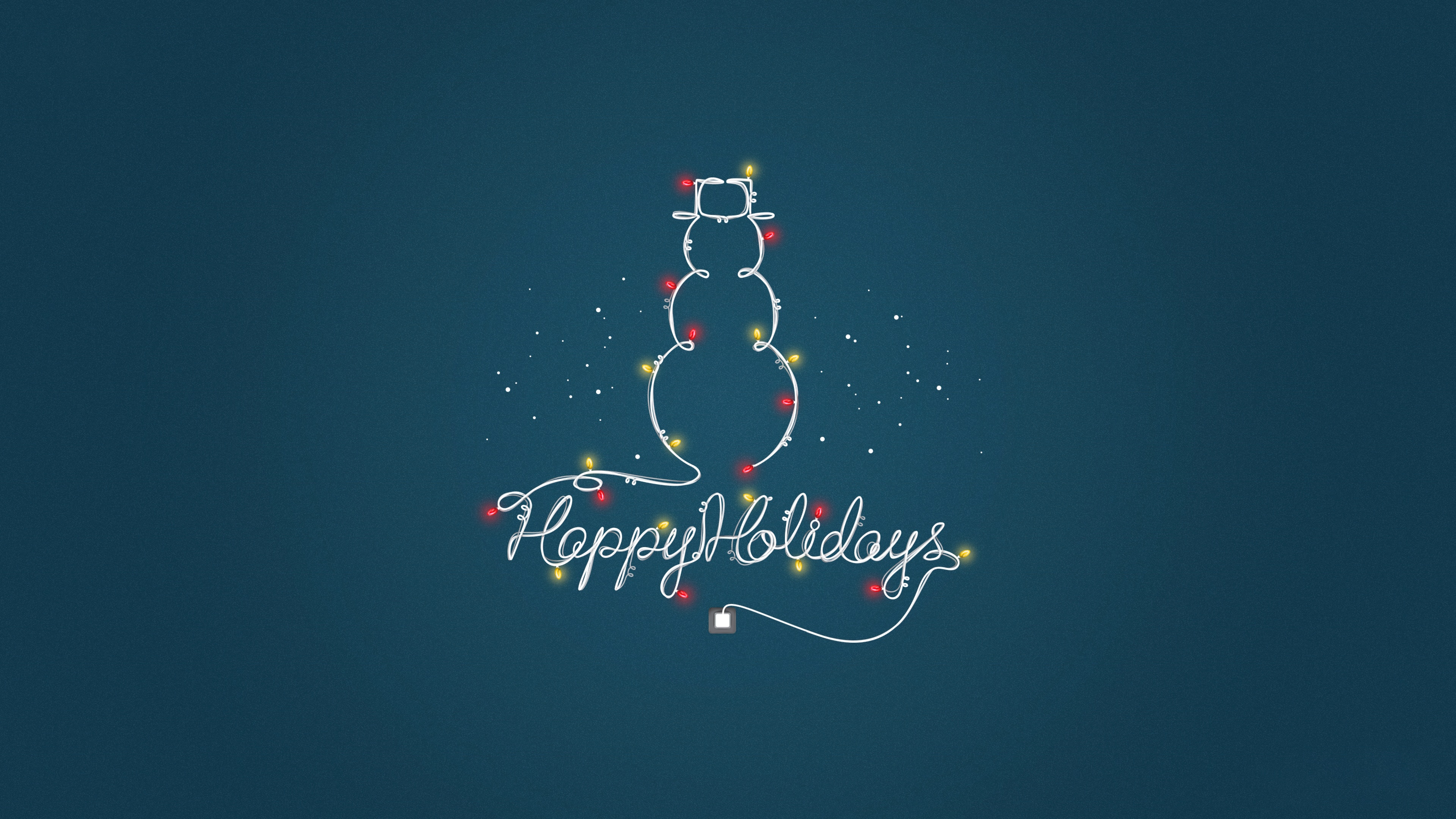 A happy snowman decorated with bright, colorful Christmas lights on a wintry blue background.