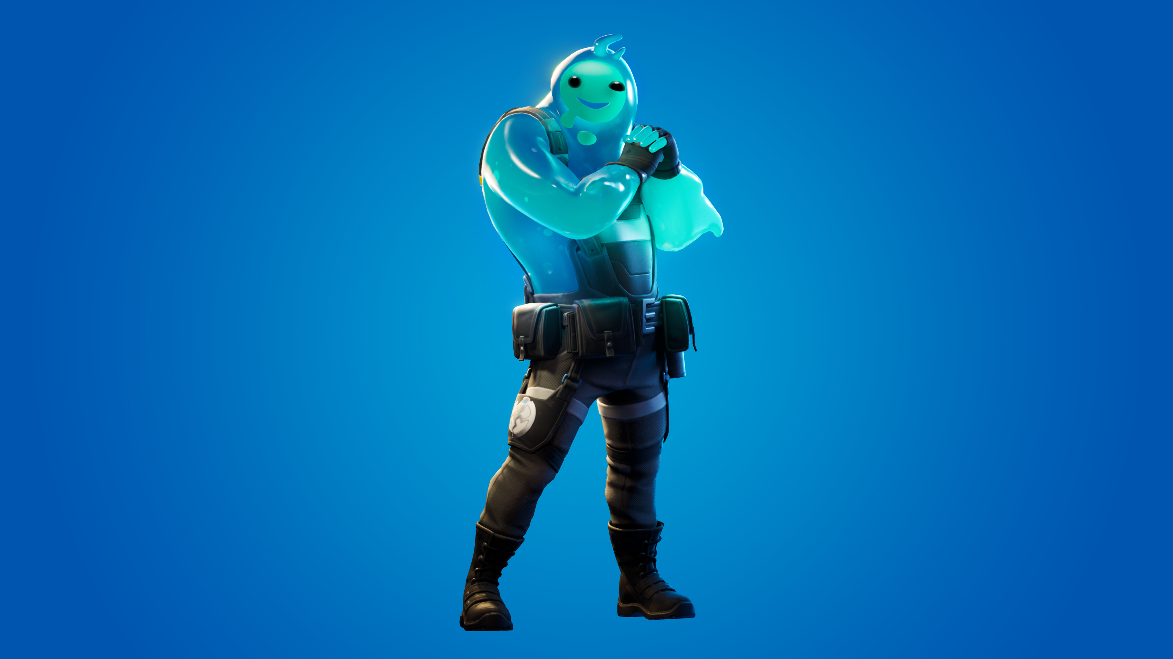 A detailed Fortnite character skin set against a bright blue background.