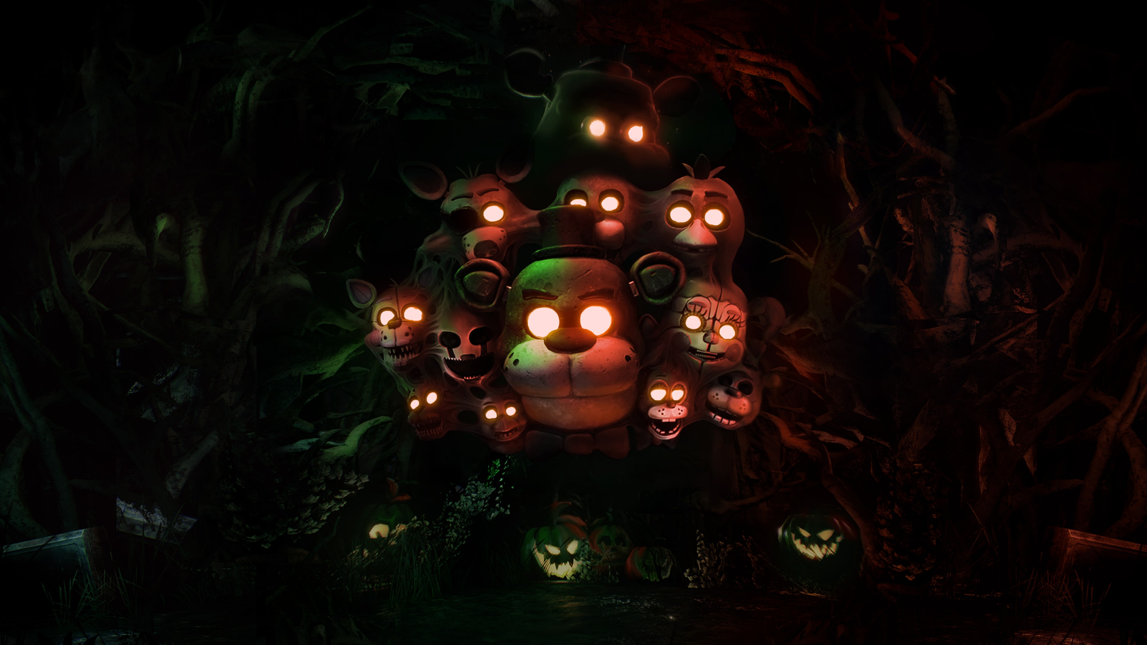 A spooky and atmospheric portrayal of Freddy Fazbear, the animatronic character from the Five Nights at Freddy's series, set in a dark environment.
