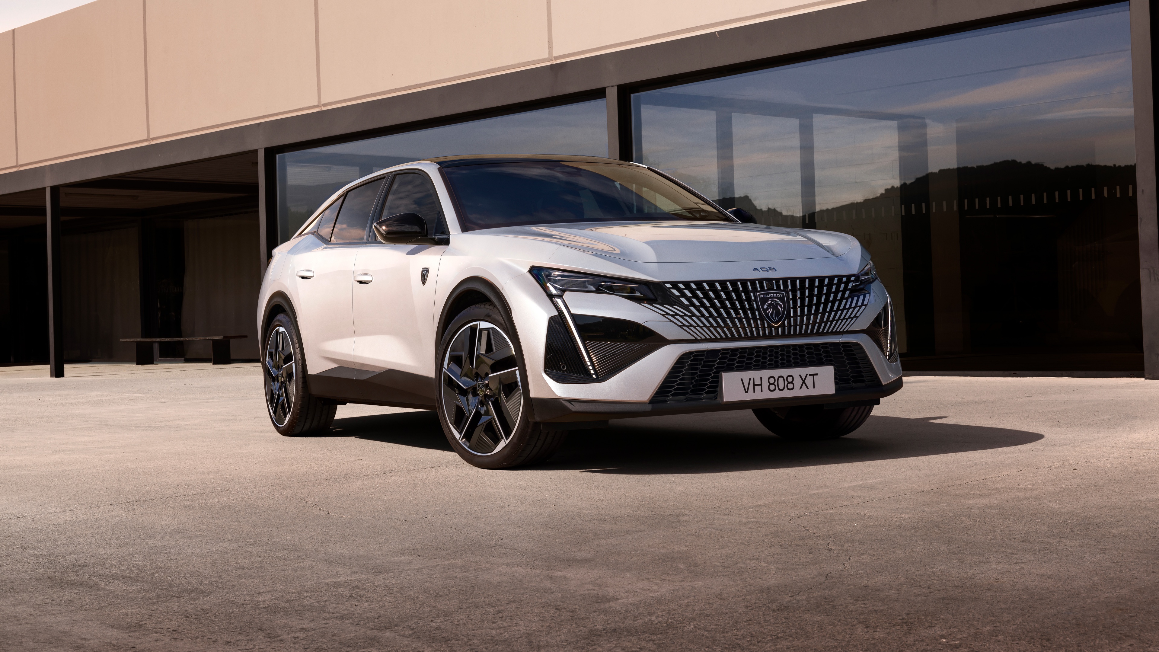 A high-resolution, detailed shot of a modern electric car in a contemporary setting.