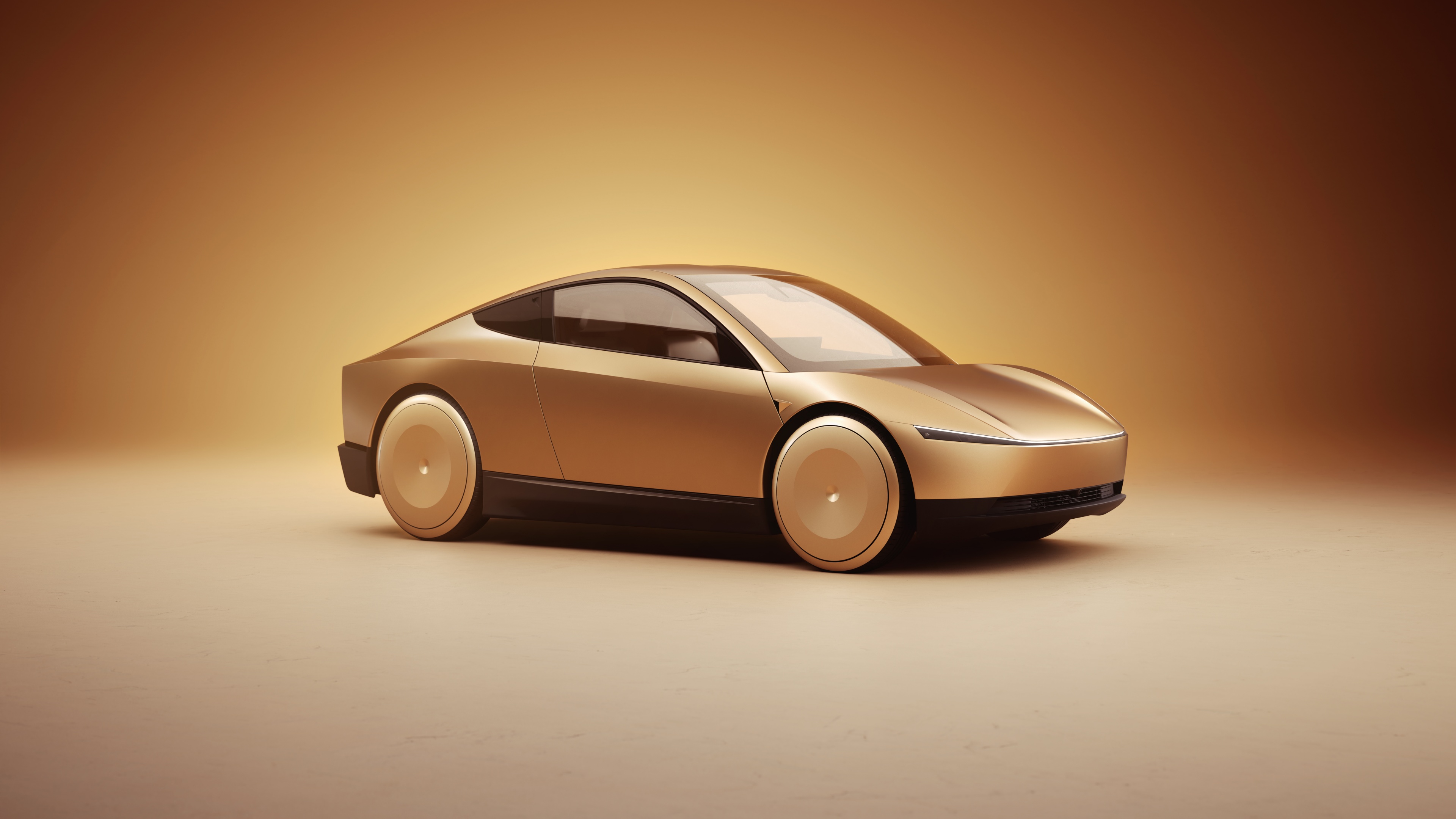 A high-resolution shot of a sleek, modern prototype car positioned against a glowing golden backdrop.