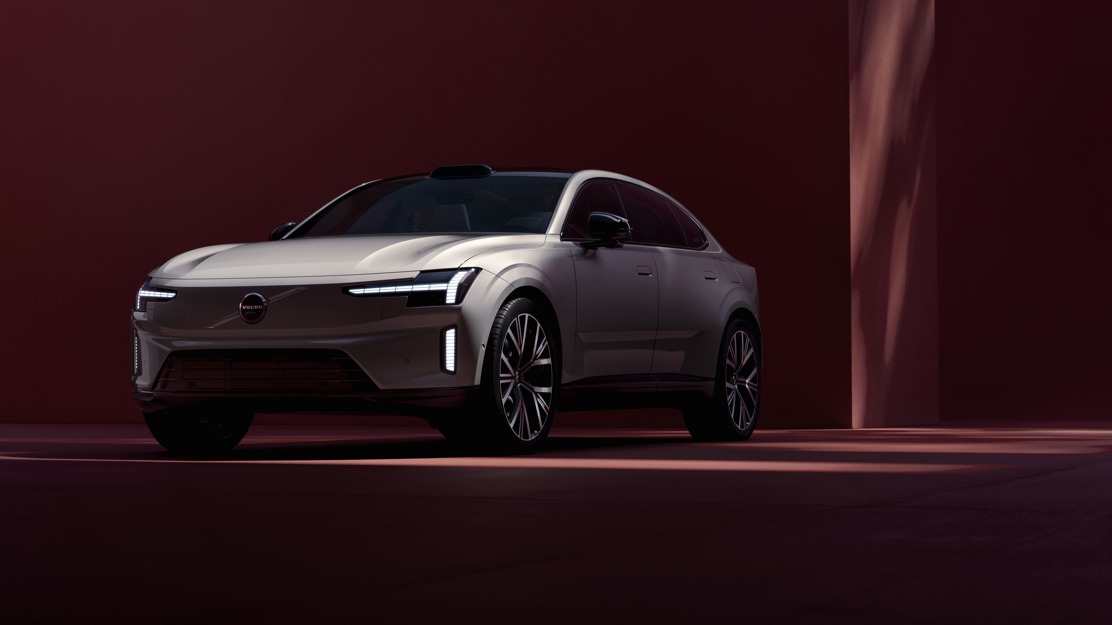 A high-resolution, detailed view of a modern 2025 electric sedan featuring an aerodynamic silhouette and futuristic lighting elements.