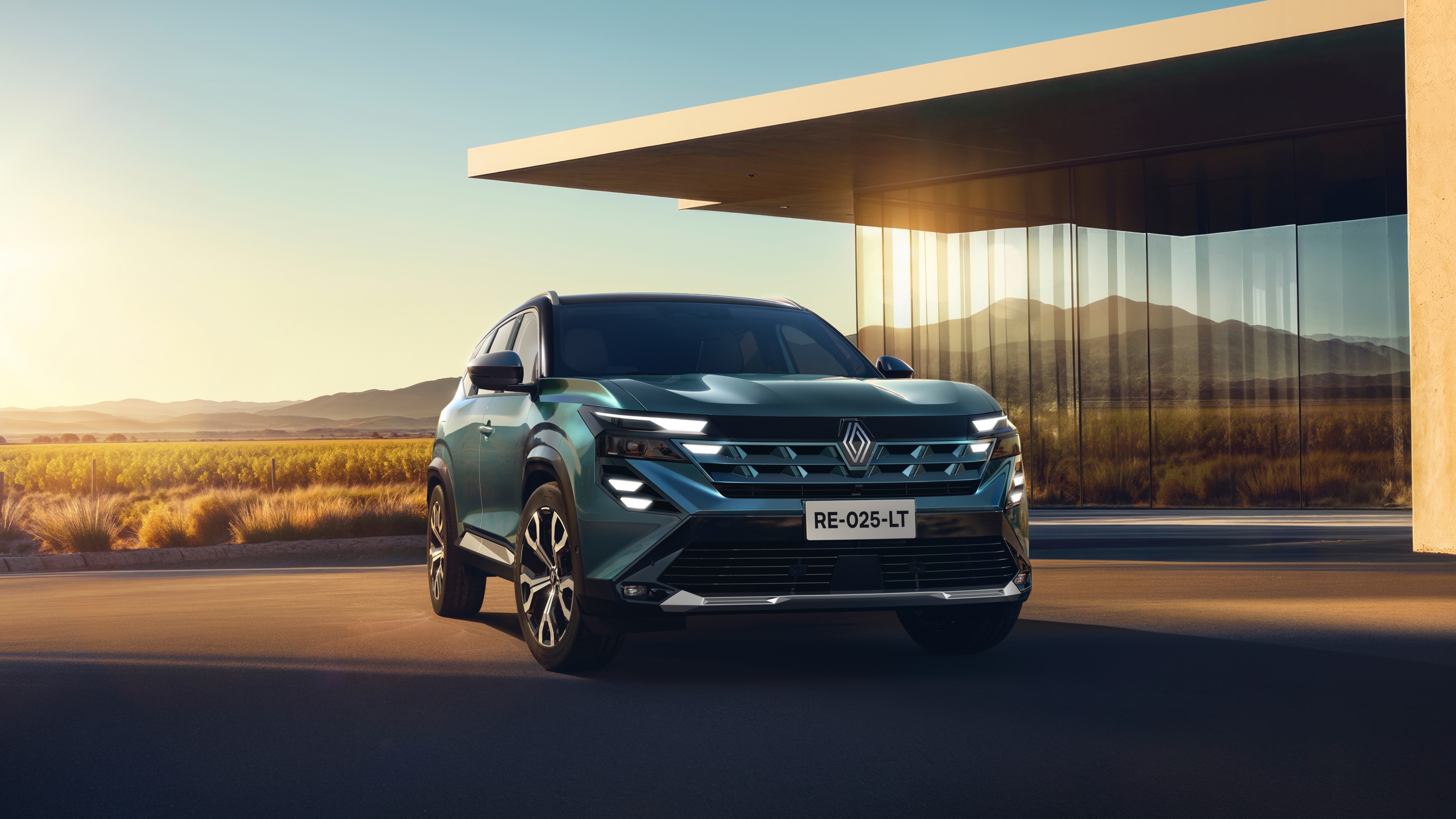 A high-resolution 5K shot of a modern 2025 SUV with a streamlined, futuristic body and metallic exterior.