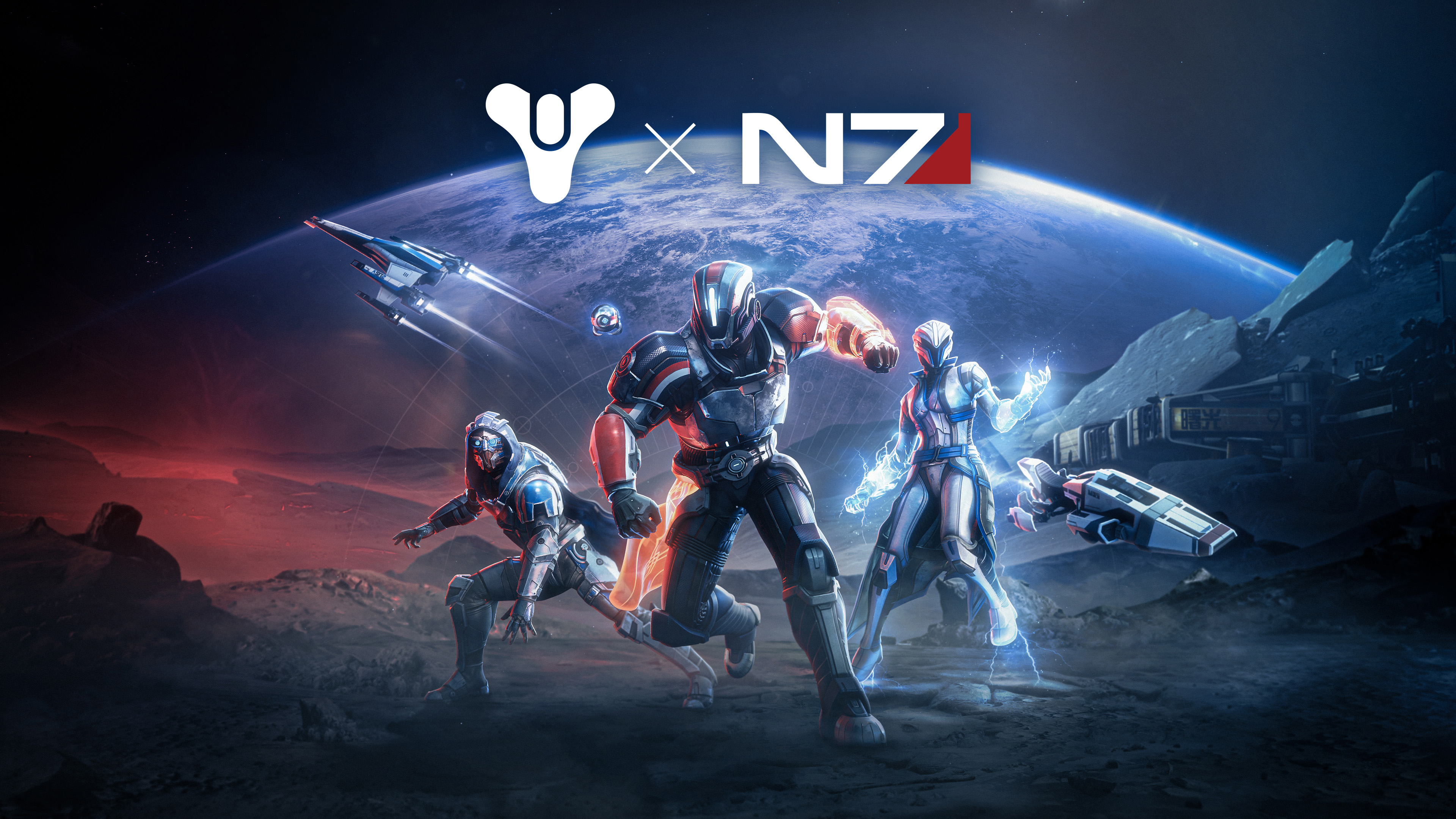 A futuristic soldier wearing N7-striped armor integrated with Destiny 2 Guardian plating and glowing paracausal energy.