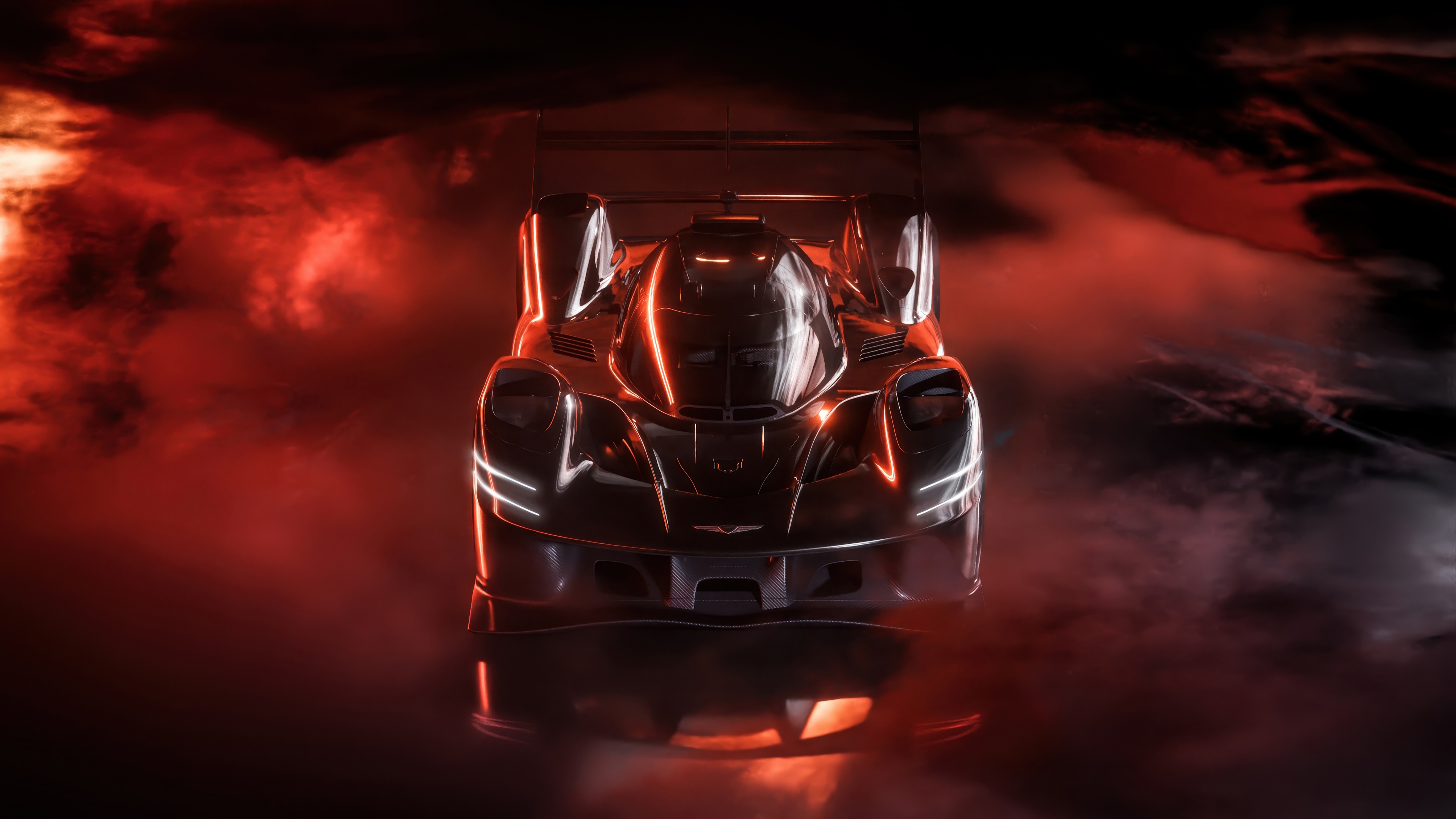 A sleek and futuristic Genesis GMR-001 Le Mans Hypercar concept featuring aggressive aerodynamics and high-performance racing aesthetics.