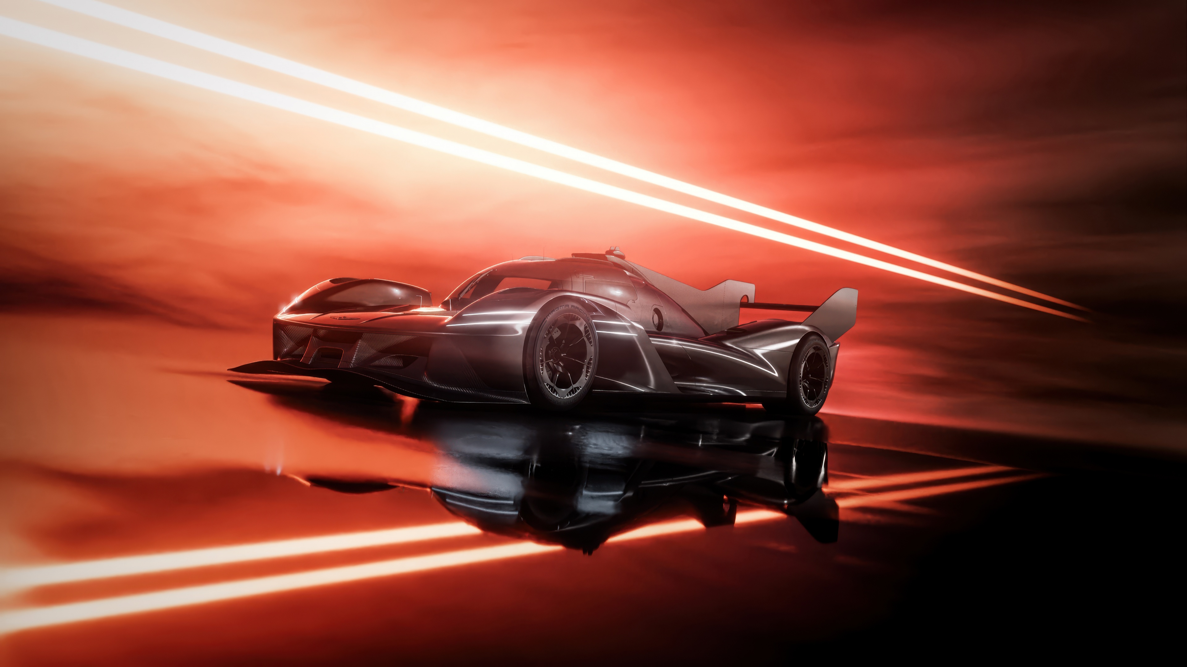 A sleek and futuristic Genesis GMR-001 hypercar concept designed for Le Mans endurance racing, showing aerodynamic bodywork.