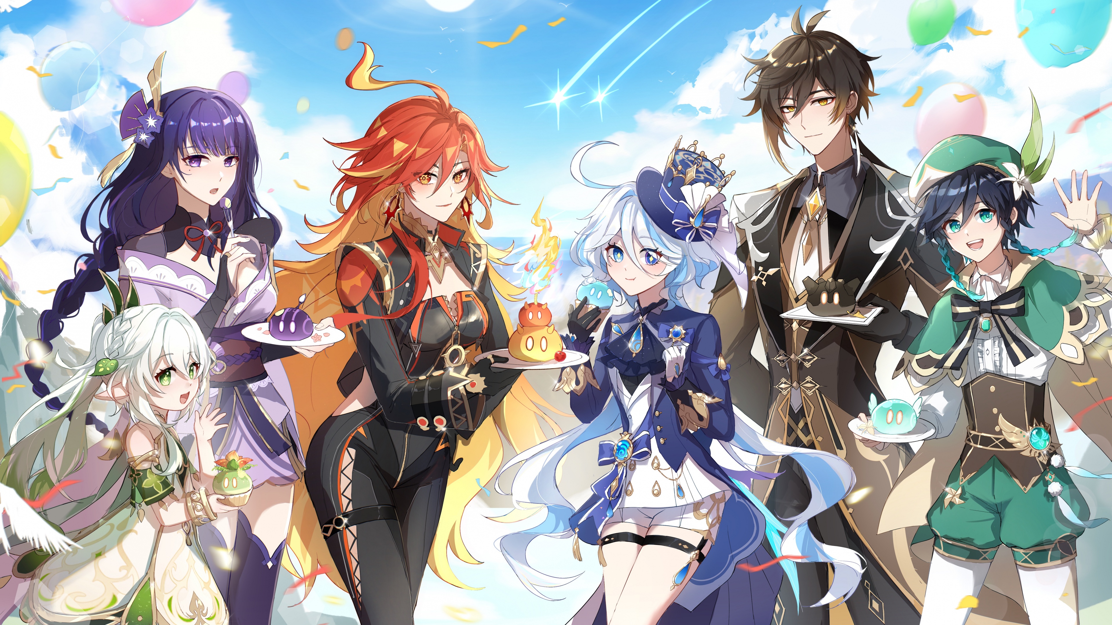 A group portrait of Genshin Impact characters including Mavuika, Furina, Zhongli, Venti, Raiden Shogun, and Nahida.