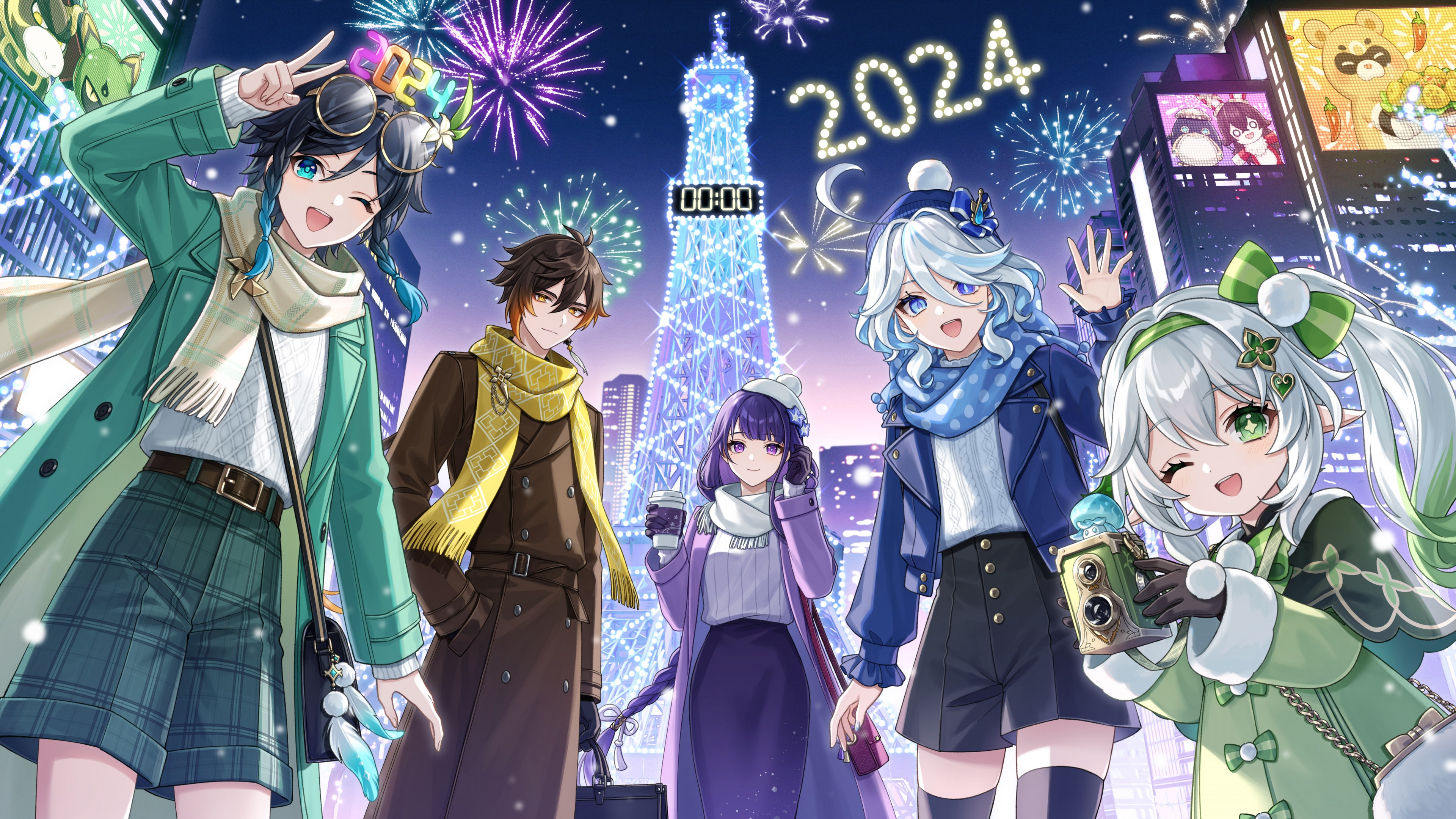 Zhongli, Raiden Shogun, and Furina from Genshin Impact celebrating the 2024 New Year with festive decorations.