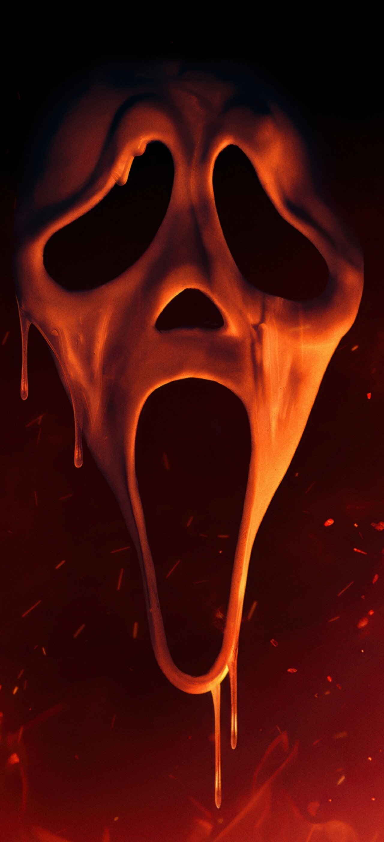 Ghostface from the Scream franchise wearing his iconic mask surrounded by dramatic fire and embers.